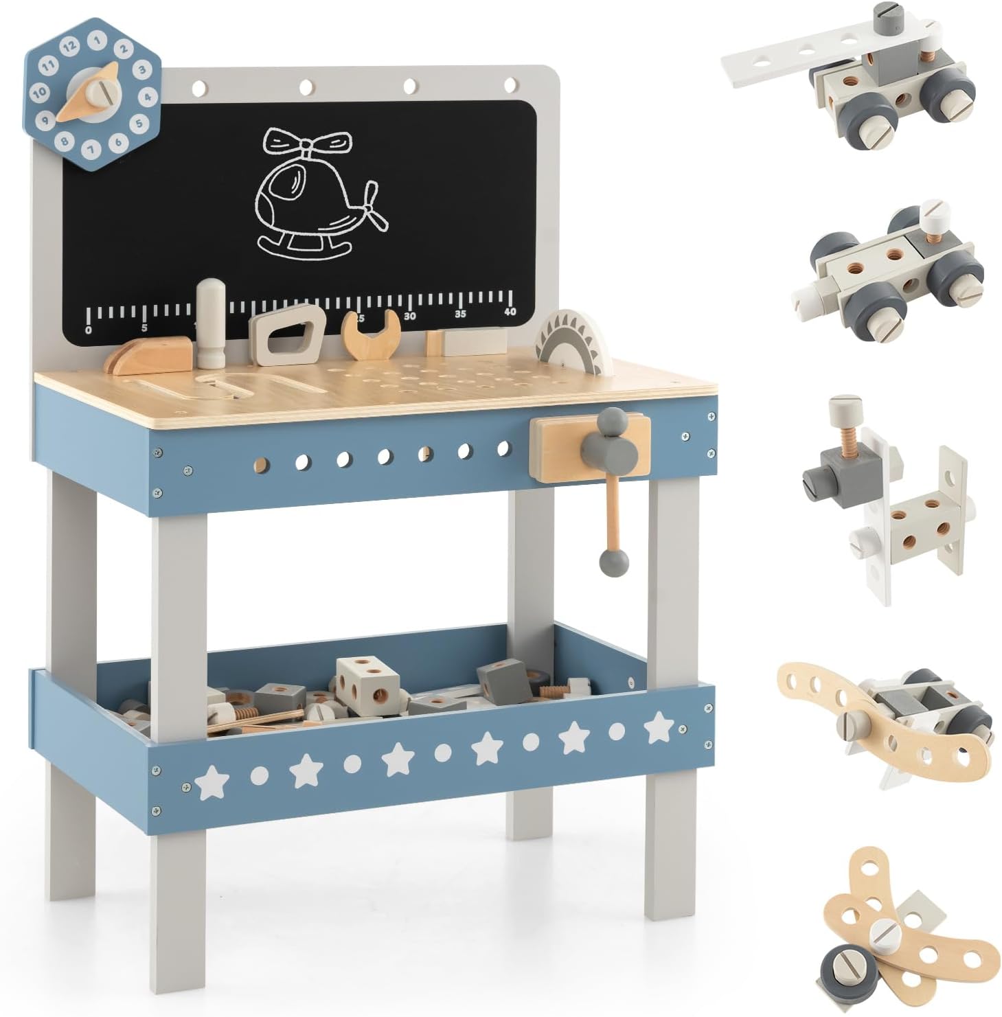 Drewniany Zestaw Narzędzi dla Dzieci, Stół Warsztatowy, Gra Symulacyjna z Zestawem Narzędzi, Stół Warsztatowy, Zabawka Konstrukcyjna