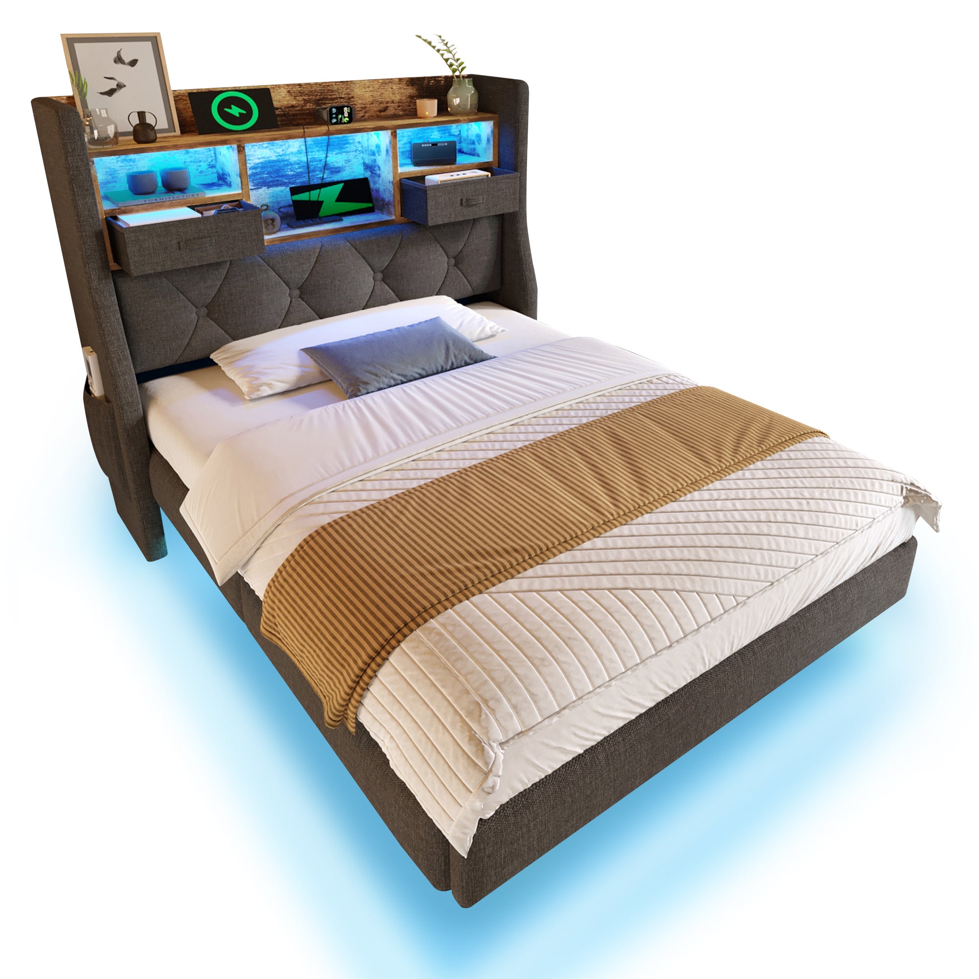 Łóżko tapicerowane 90 x 200 cm z zagłówkiem ze schowkiem - Gniazdo USB i typu C - Tkanina lniana - Diody LED - Szare (bez materaca) - 7