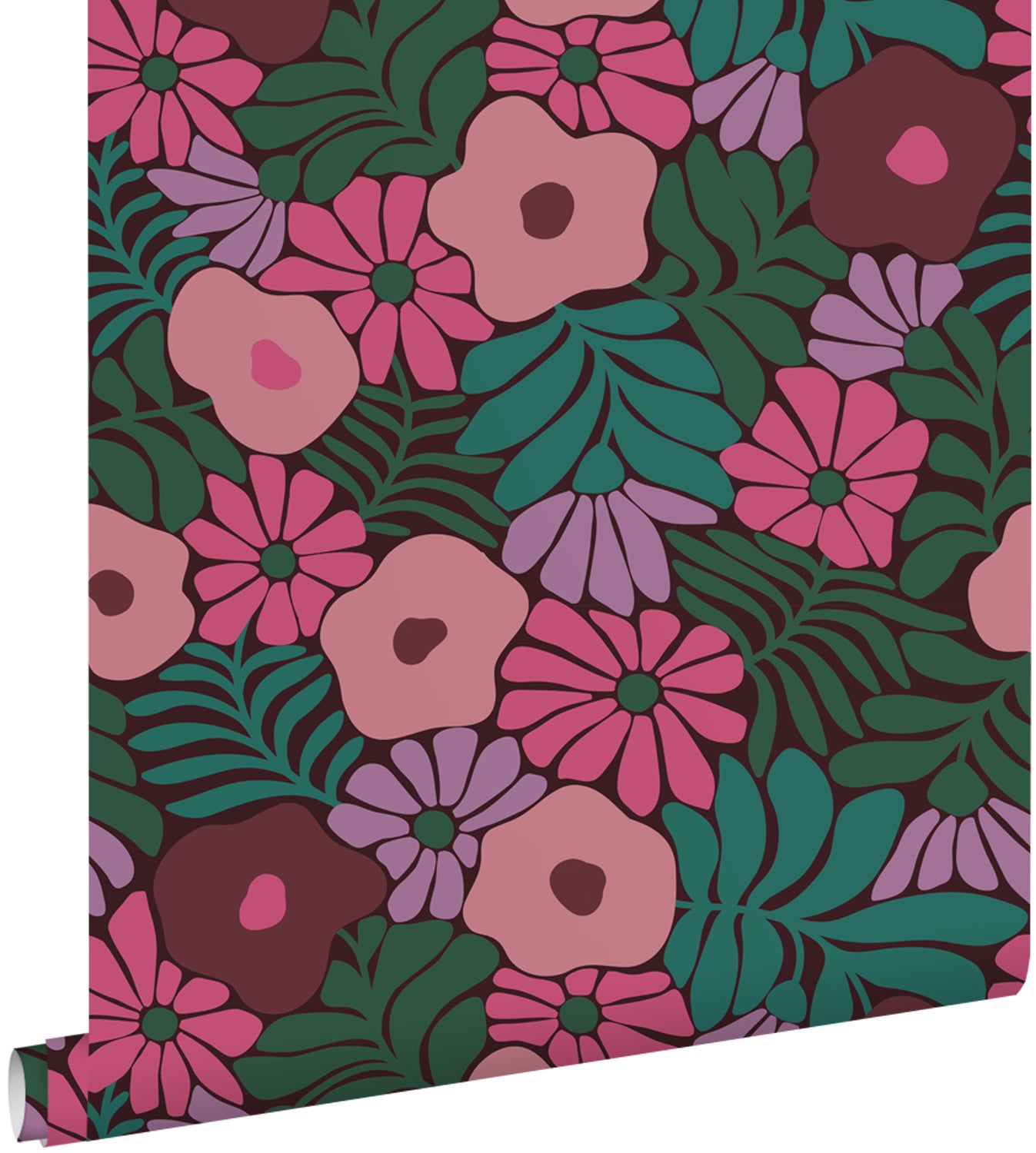 Tapeta kwiaty w stylu Matissa zielonym,różowymIfioletowym - 50 x 900 cm - ESTAHOME