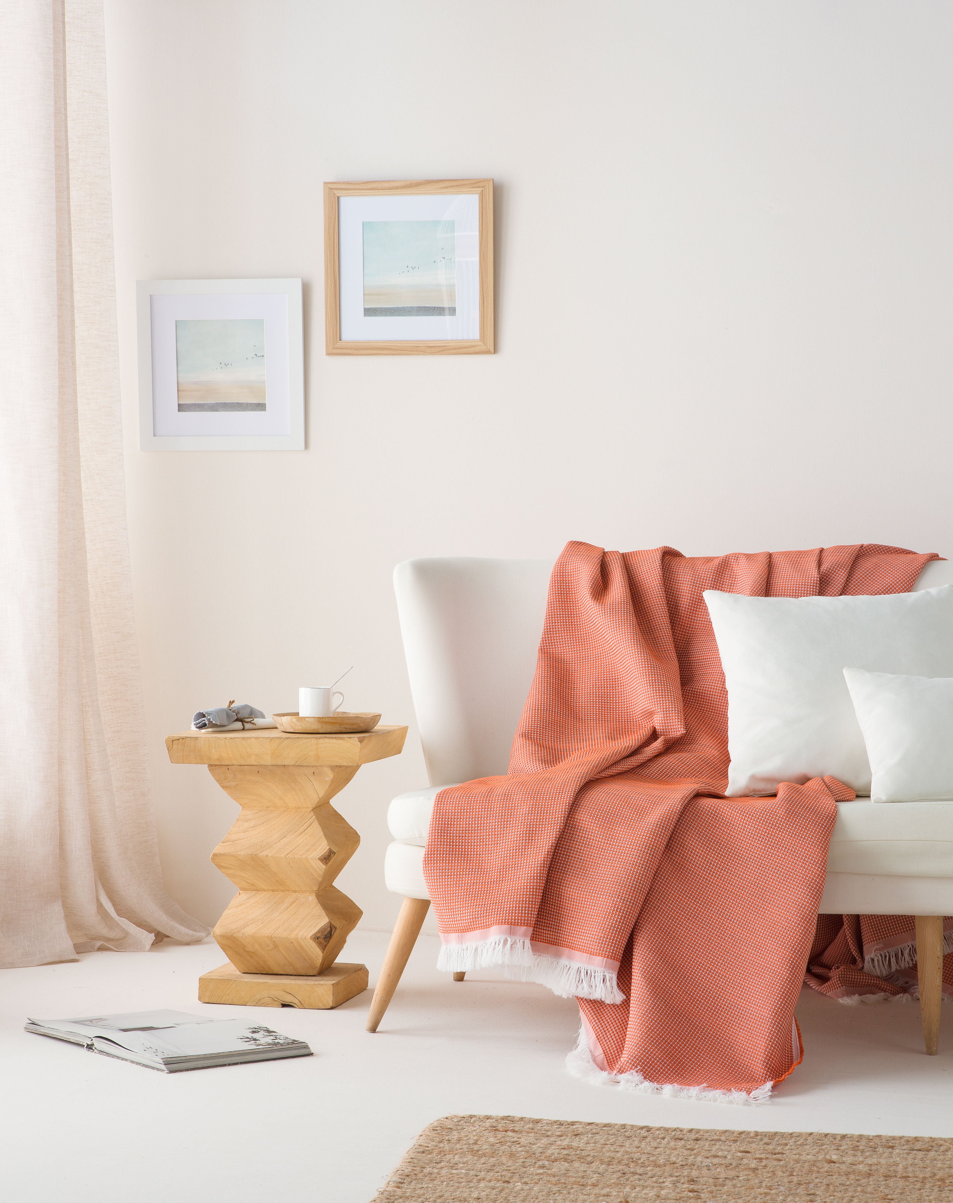 Plaid couvre-lit polyvalent, jeté de canapé Nid d'abeille coton 140x180cm coloris Tuile - 3