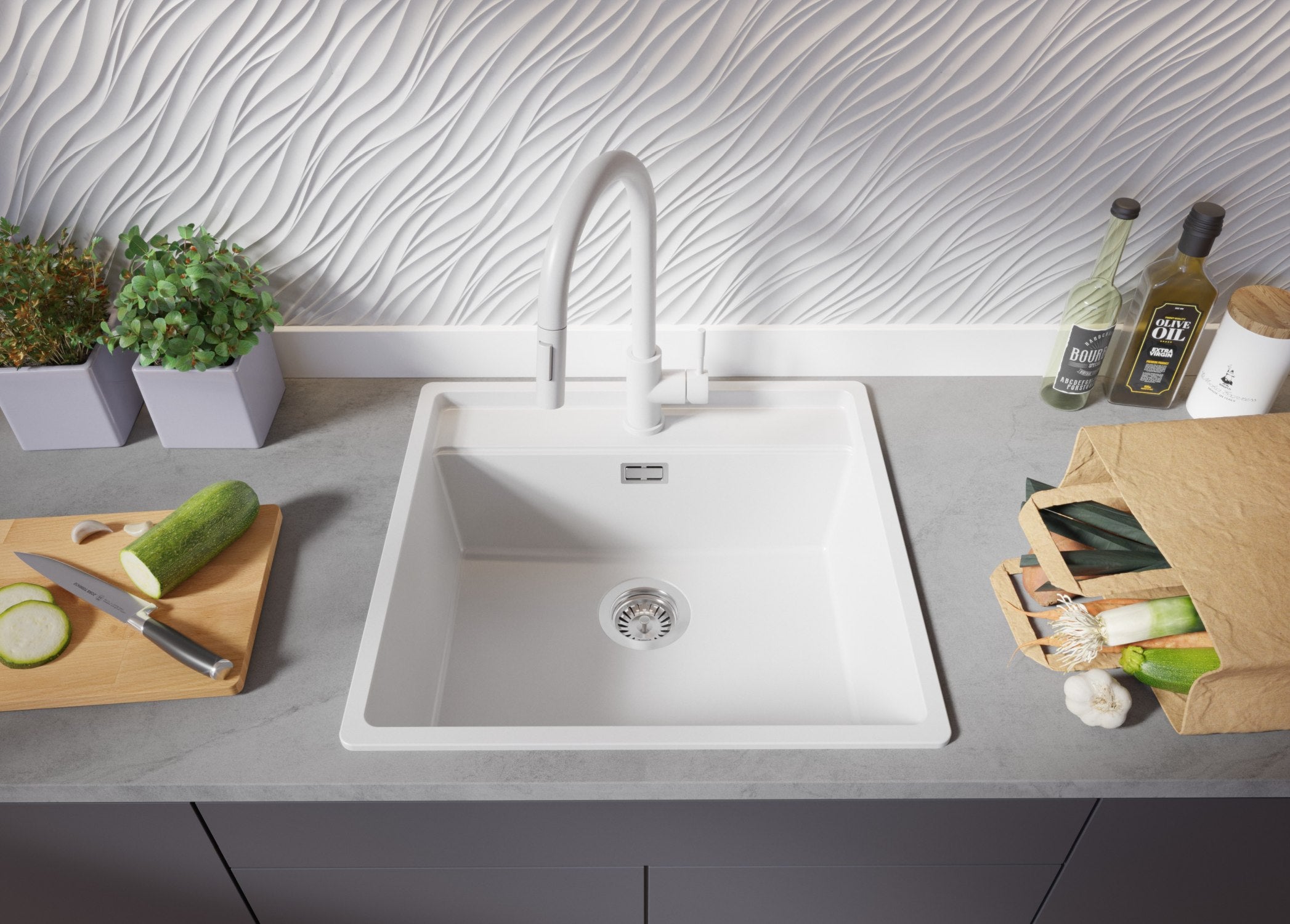 Lavello da Cucina Bianco 56x53cm, Lavandino in Granito a 1 vasca + Sifone Classico + Accessori, Lavabo da Cucina Incasso al mobile 60cm PRIMAGRAN - 3