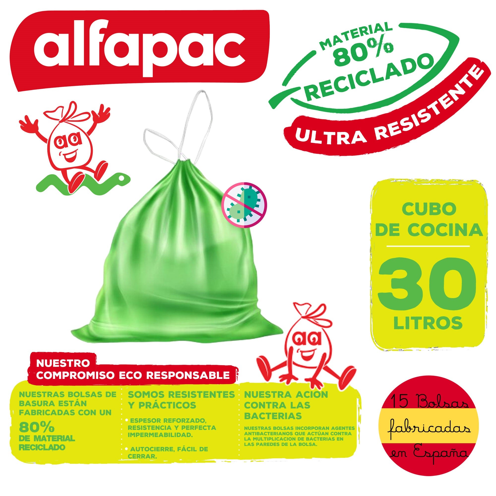 ALFAPAC Sacs poubelle 15u 'Antibactéries' 55x60cm 30L auto-obturants - 2