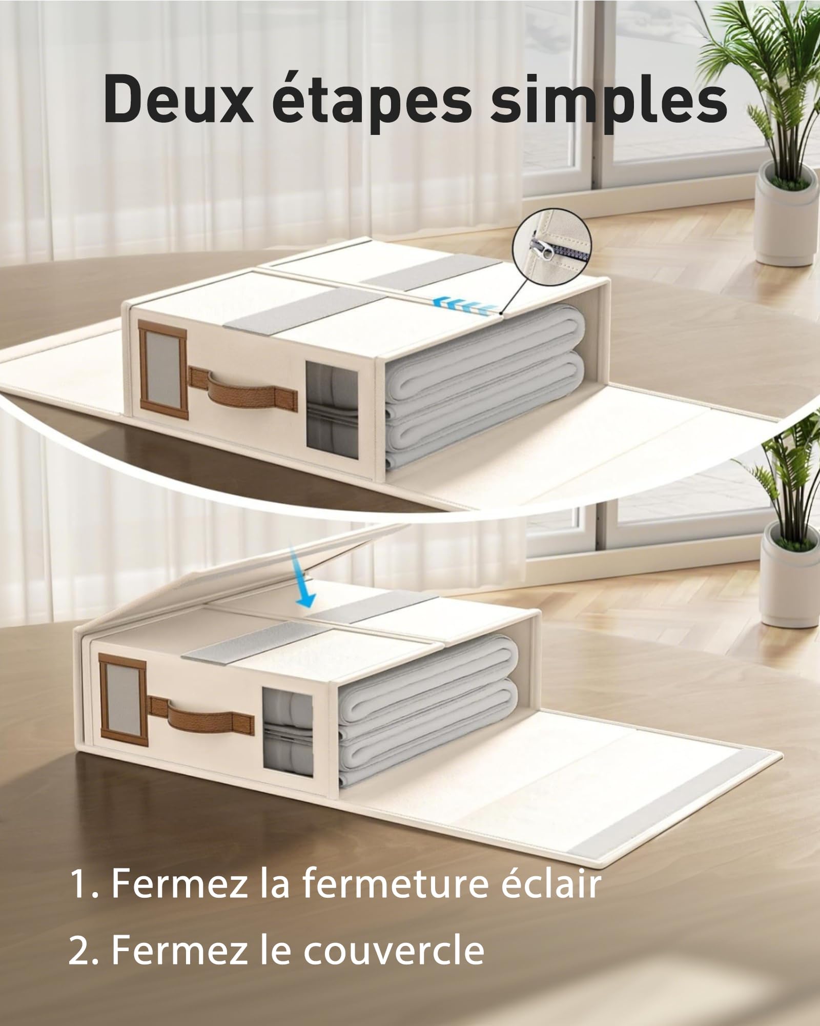 Organisateur de linge 3 en 1 - Pliant et respirant avec fenêtre transparente et étiquette pour draps,couvertures,serviettes - Couleur lin - 4