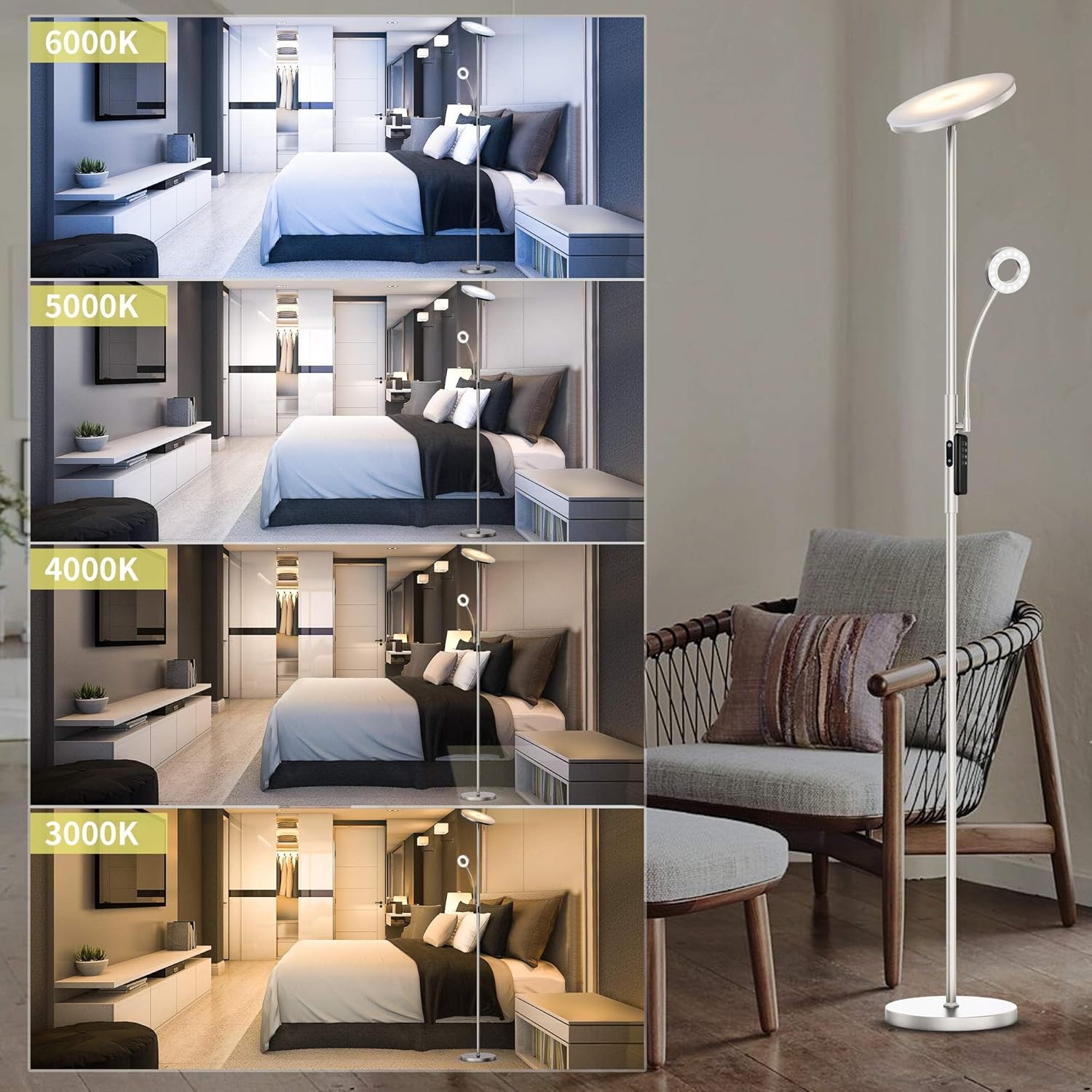 35W Lampadaire LED Dimmable Nickel,4120LM Lampadaires sur pied Salon avec Télécommande & Contrôle tactile,3000-6000K,1H Timer,pour Chambre Bureau - 3