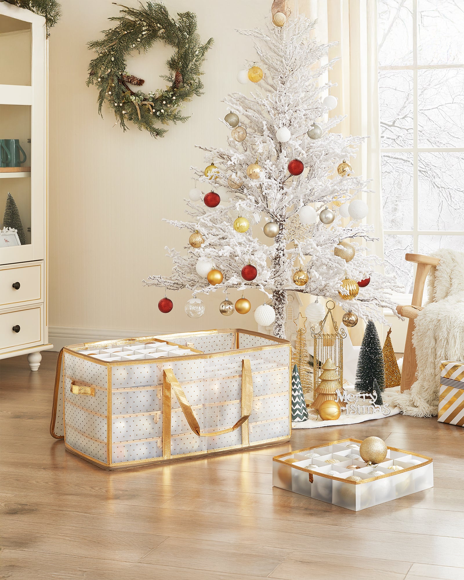 Boîtes de Rangement pour Noël, Coffre pour Boules de Noël et Décorations, 128 Compartiments, Séparateurs Modulables, 64,5 x 33,5 x 34 cm, Doré Sable - 3