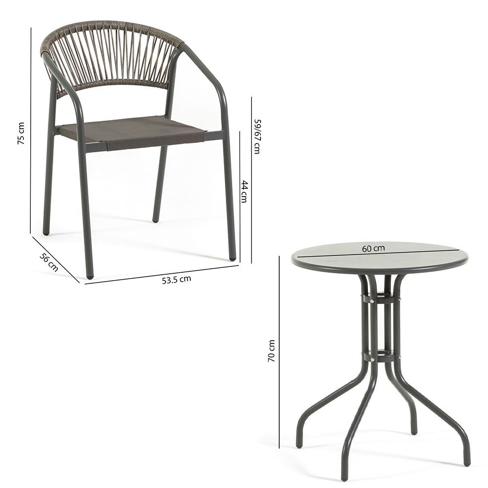 Conjunto com mesa redonda em metal e duas cadeiras empilháveis em metal, textilene e corda cinza - 9