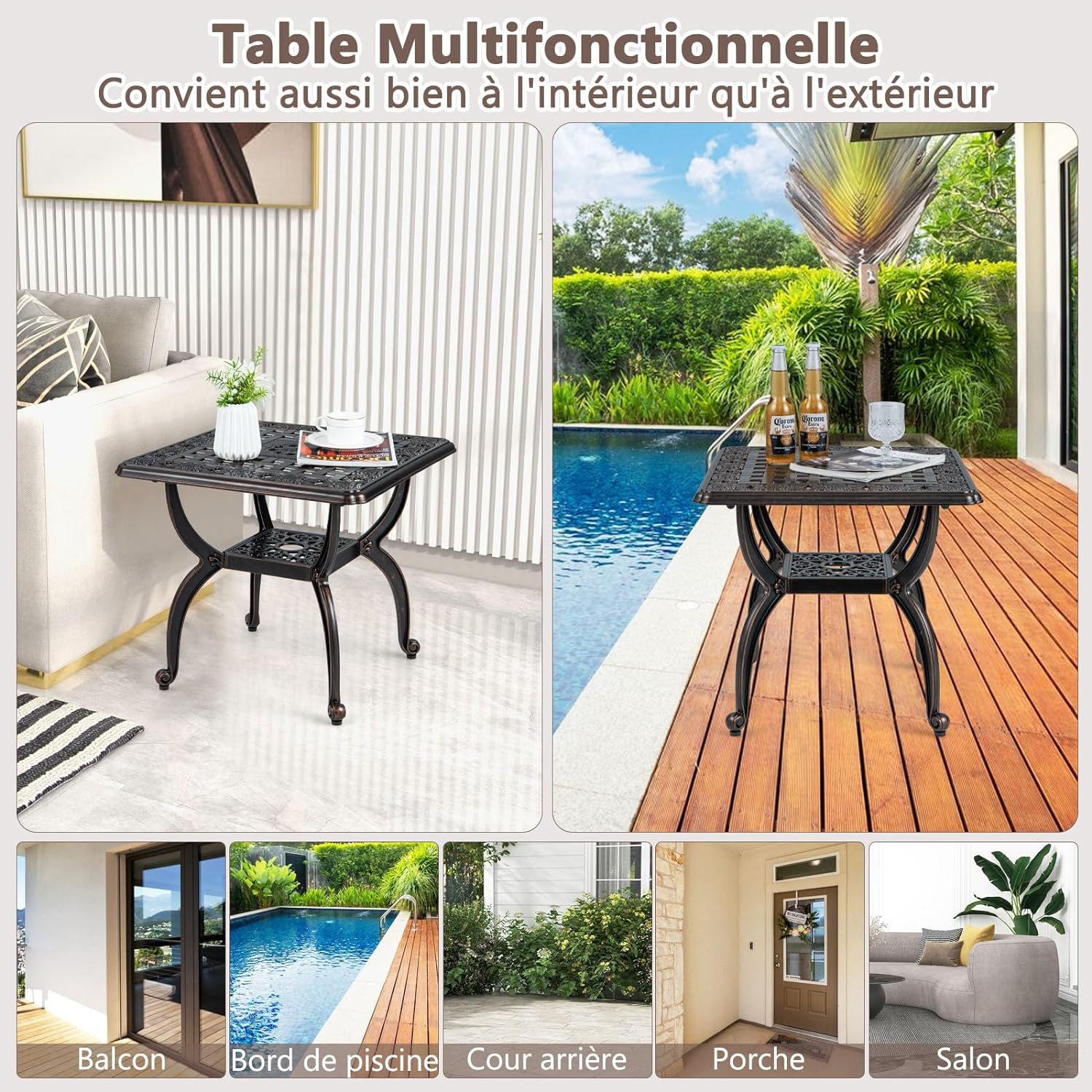 Table de Patio en Fonte d'Aluminium, Table Basse Bistrot Antirouille de 53 cm, Table d'Appoint à Cadre en Métal Robuste, Table d'Appoint - 9