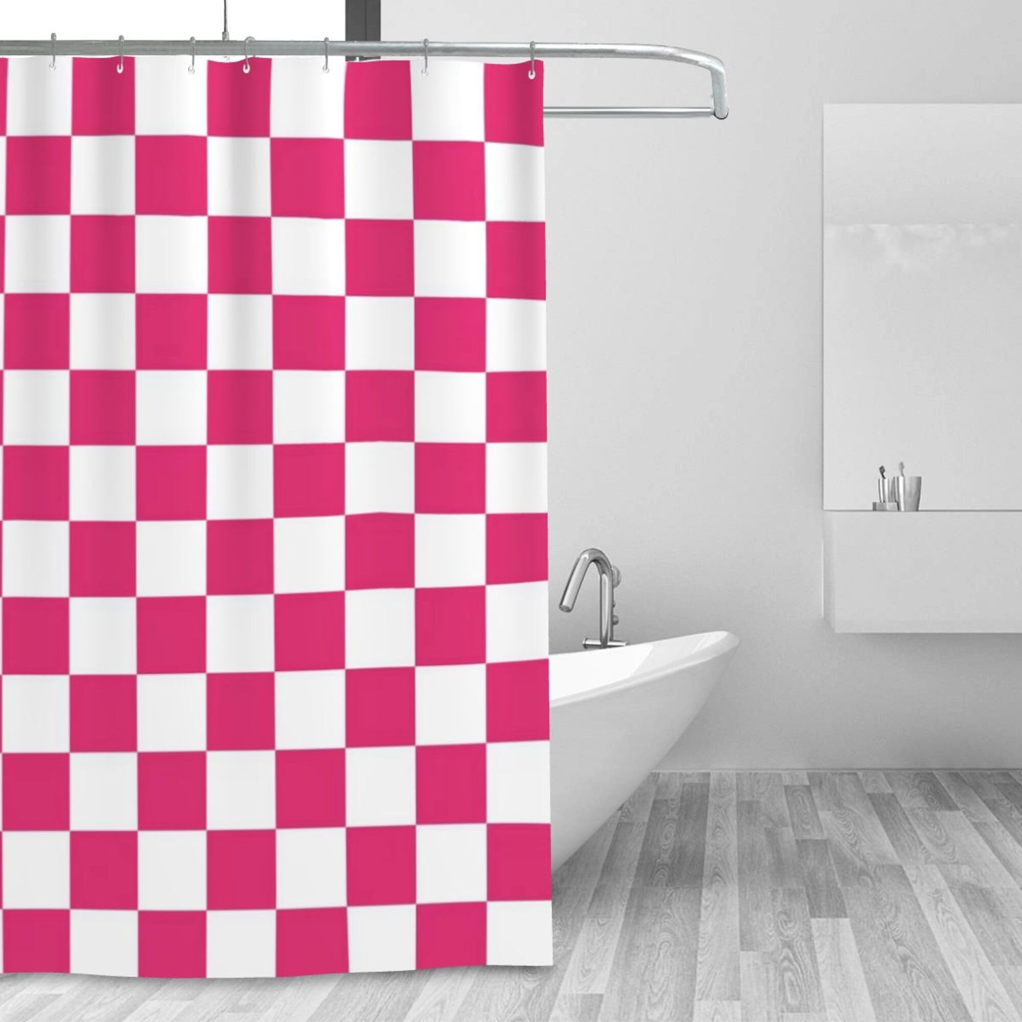 Zasłona prysznicowa w kratkę do łazienki, ładna zasłona prysznicowa w stylu retro w szachownicę, zasłona prysznicowa zmywalna, 180*180 cm, różowa