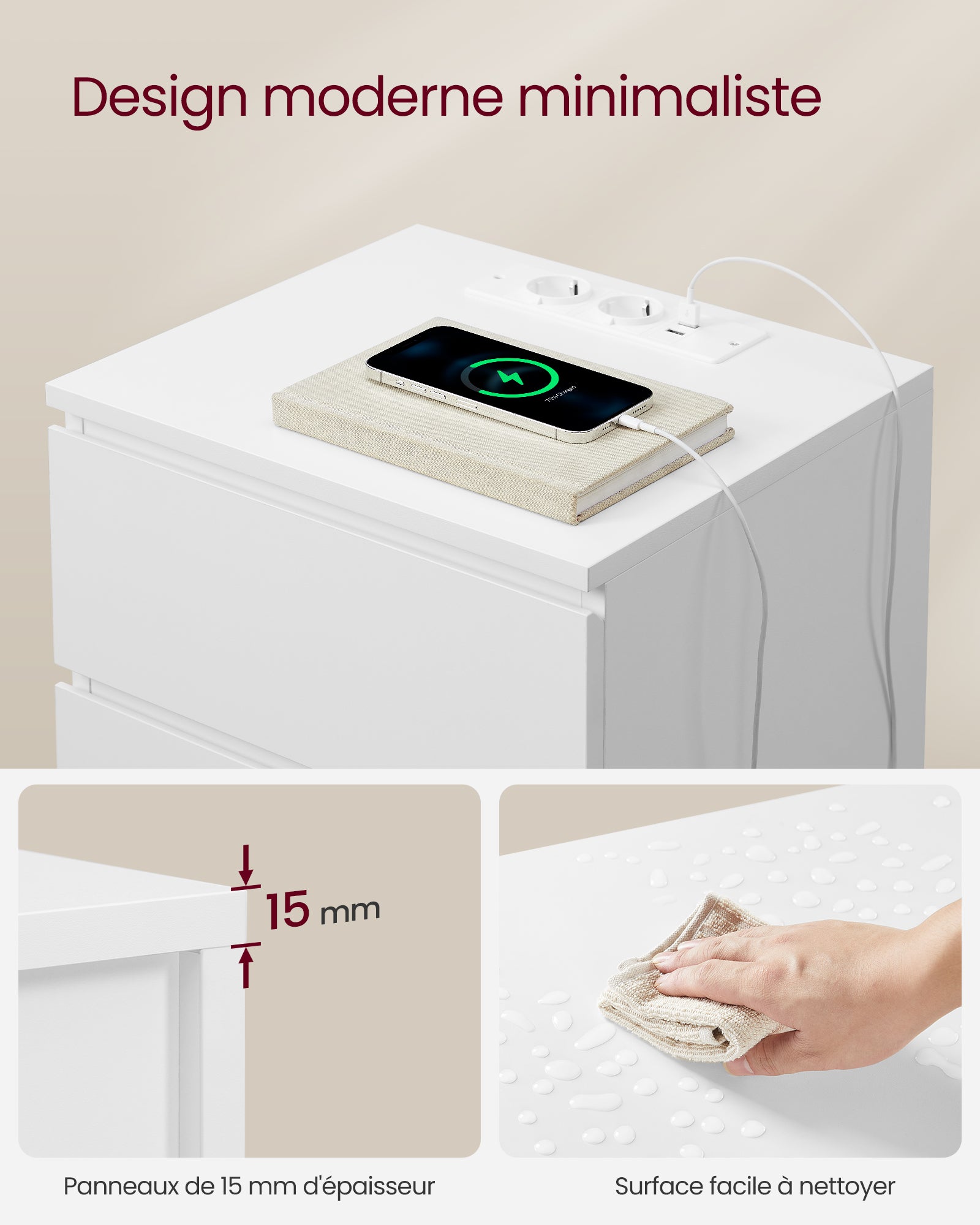 Table de Chevet avec Multiprise, Table d’Appoint avec 3 Tiroirs, 2 Prises CA, 2 Ports USB, Blanc Nuage - 7
