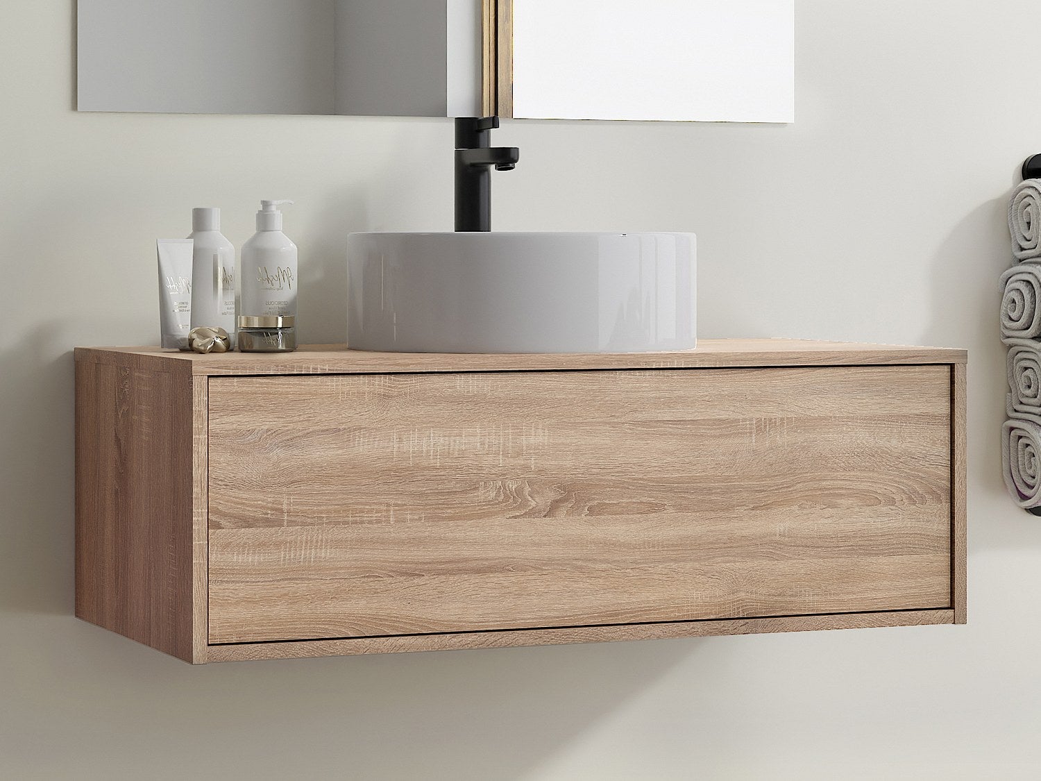 Szafka łazienkowa wisząca naturalna jasna z okrągłą umywalką - 94 cm - TEANA II