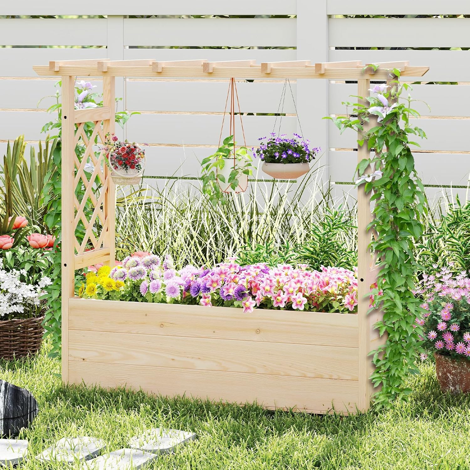 Jardinière Surélevée avec Treillis en Bois Massif, Toit Suspendu pour Vigne, pour Légumes, Fruits, Fleurs, Extérieur/Intérieur (115x40x103cm) - 2