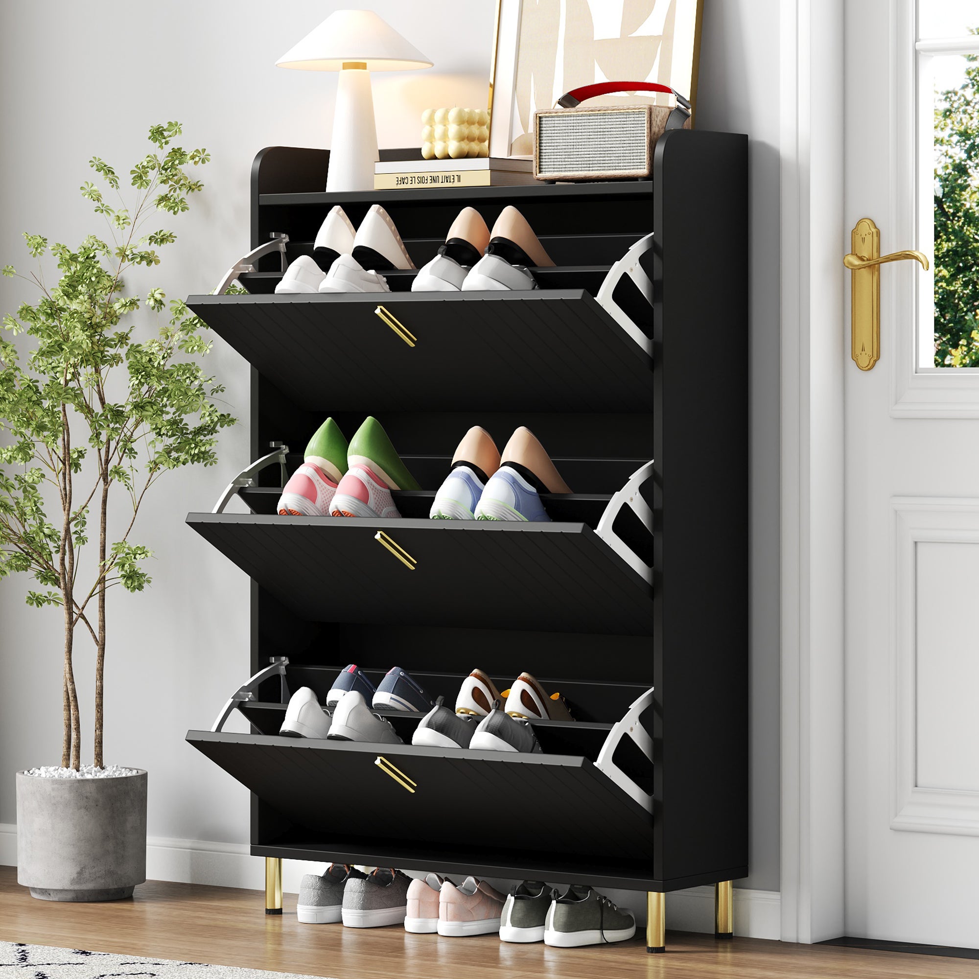 Meuble à chaussures avec 3 portes rabattables et dispositif anti-basculement - 80 x 23,5 x 123,5 cm - MDF - Noir - 5