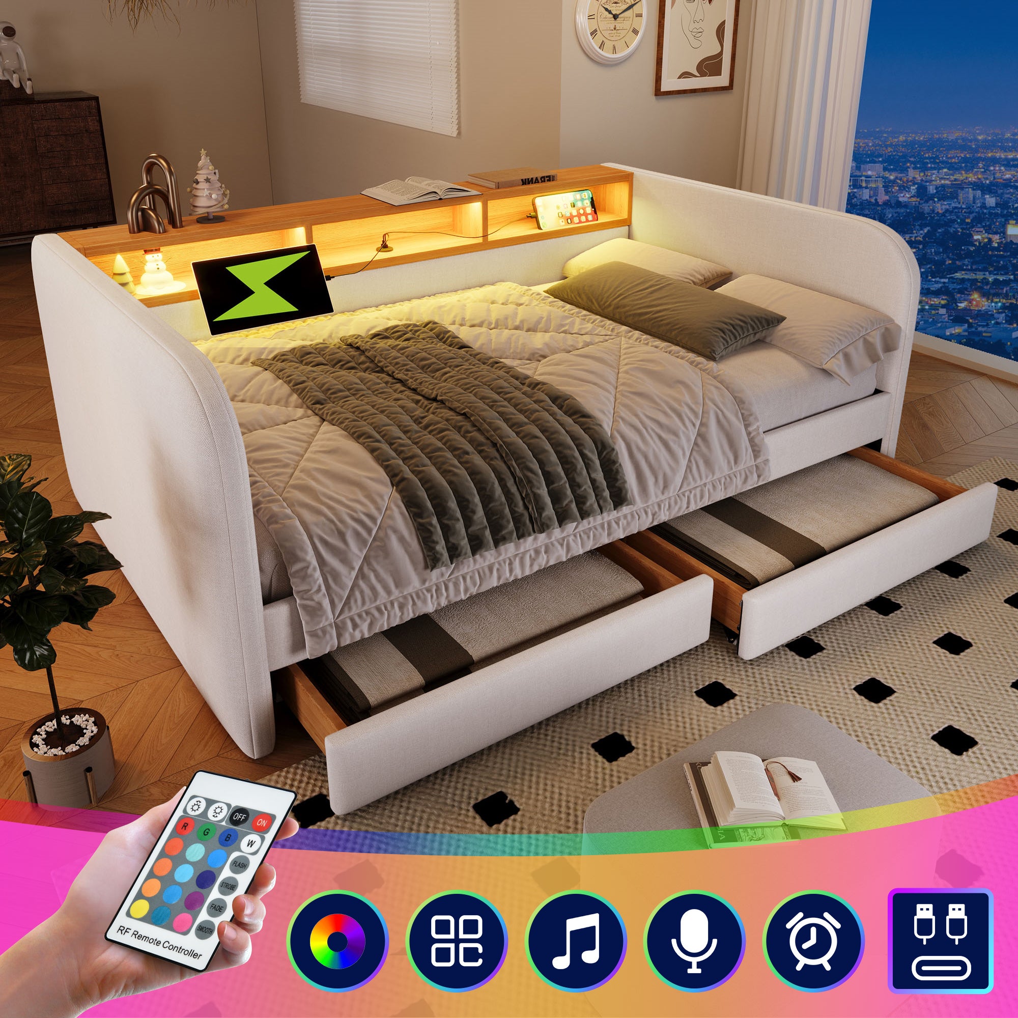 Łóżko tapicerowane 140 x 190 cm z 2 szufladami, sofa rozkładana - LED i ładowanie USB-C - Tkanina lniana - Beżowy (bez materaca)