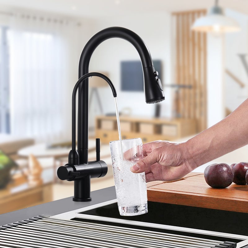 3-drożna bateria kuchenna Czarna bateria kuchenna z wyciąganym prysznicem Bateria zlewozmywakowa do wody pitnej