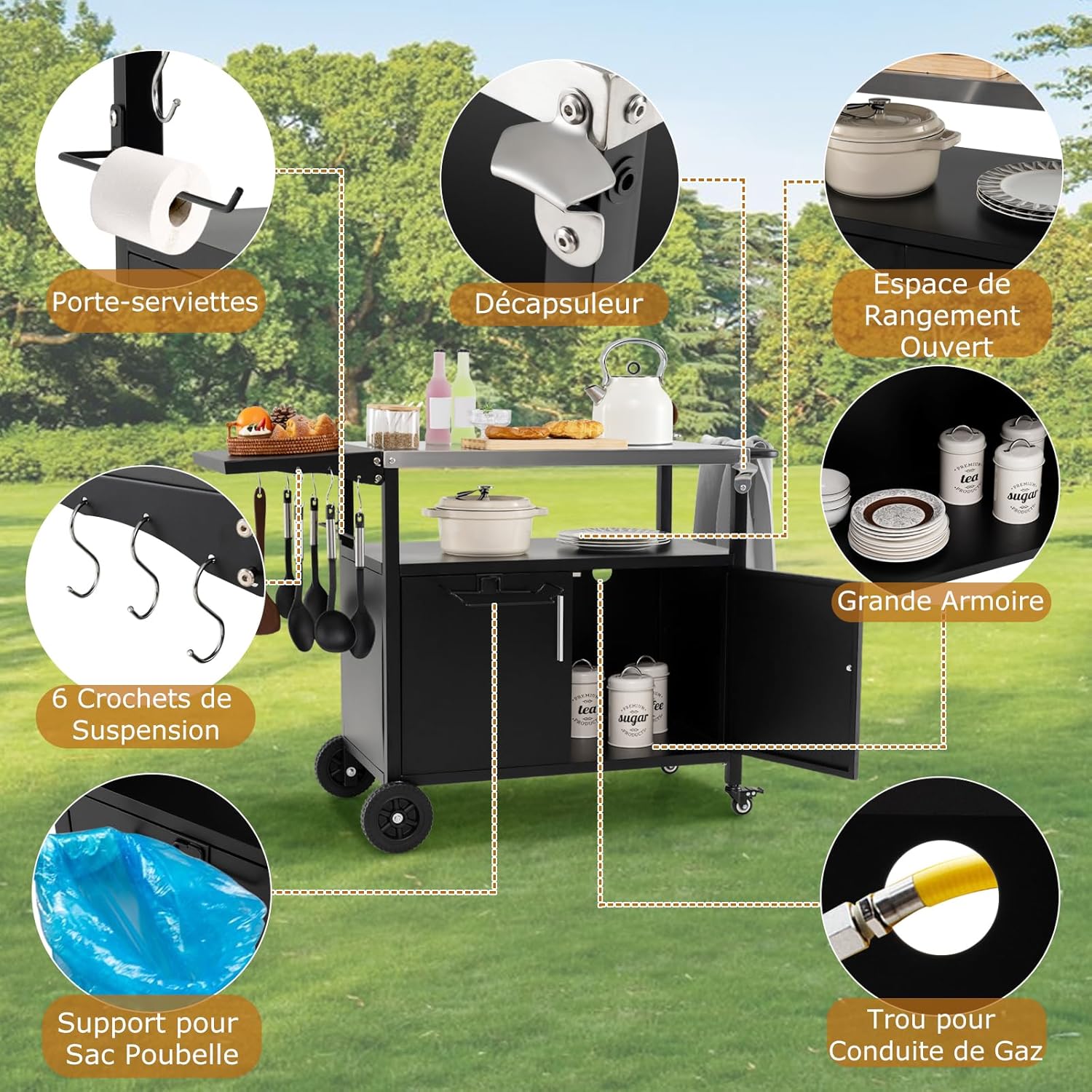 Desserte Jardin pour Plancha Barbecue 3 Niveaux, Îlot Cuisine avec Plan de Travail Pliant,Porte-Serviettes,Charge 100KG,127x50x84CM - 4