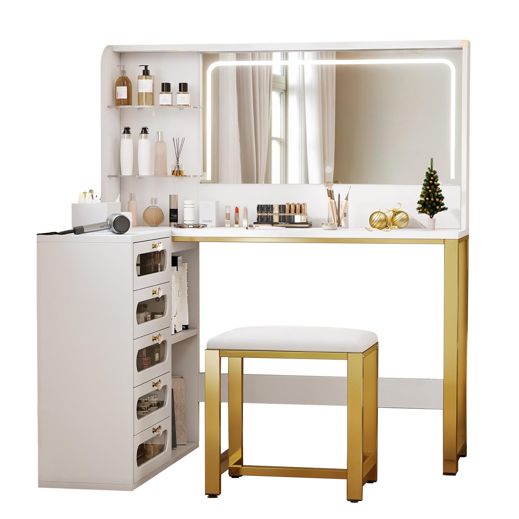 Coiffeuse d'angle en forme de L - 1 tabouret rembourré - Miroir LED 3 couleurs - 5 tiroirs et 4 compartiments - Structure en métal renforcé - Blanc - 8