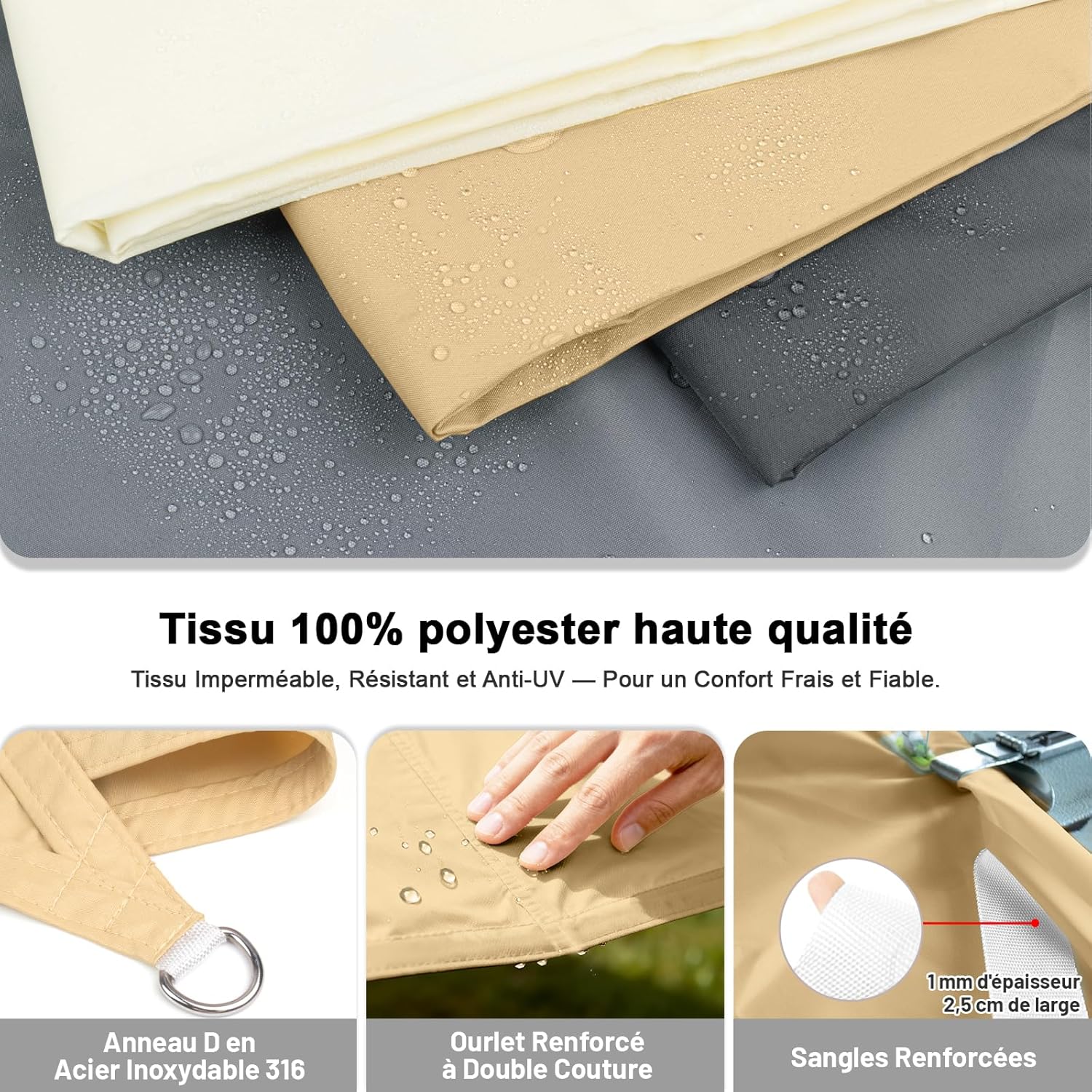 Voile d'ombrage Triangulaire Imperméable 3x3x3m Toile Ombrage PES avec 95% UV Protection pour Patio Extérieur Jardin Terrasse, Sable - 4