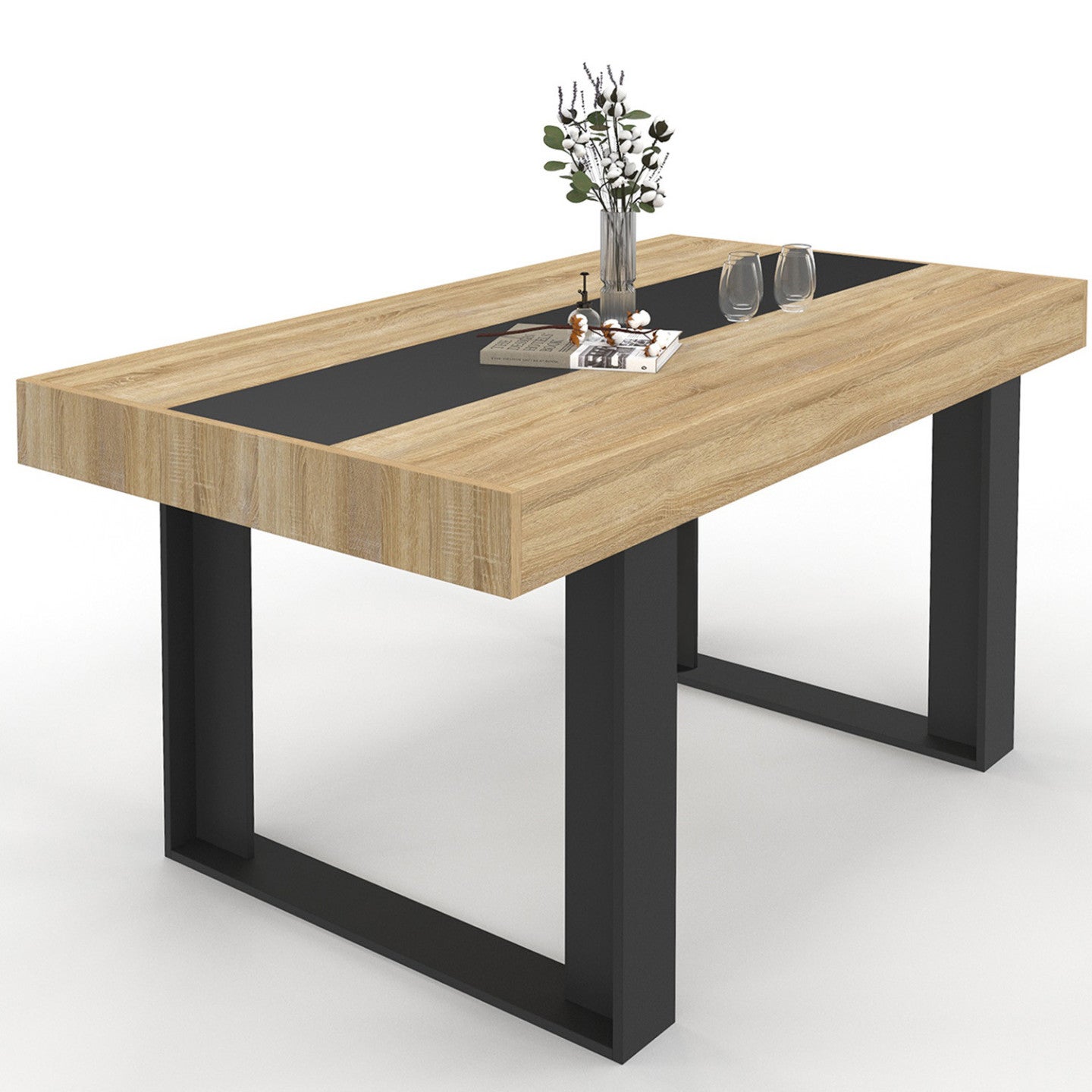 Table à manger rectangle PHOENIX 6 personnes bois et noir bande centrale noire 160 cm - 2