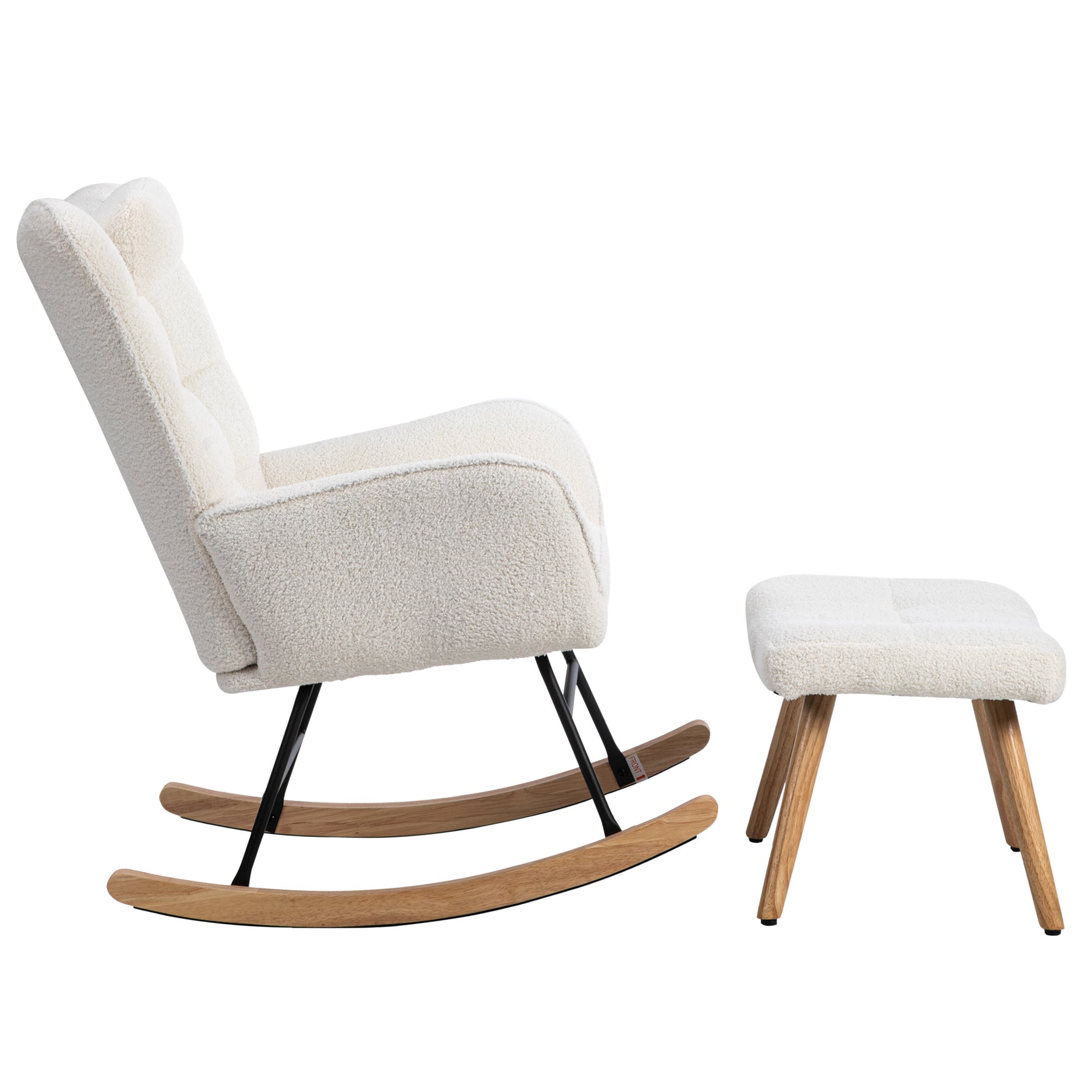 Fauteuil à bascule Rocking chair en tissu bouclette - avec oreiller et repose-pieds - Blanc - 9