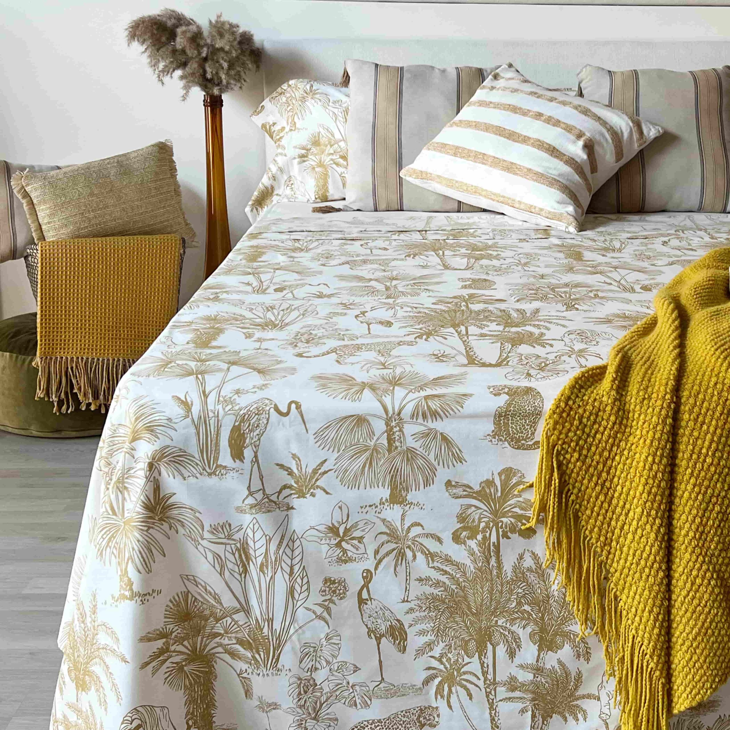 Juego de sábanas palmeras mostaza 100% algodón 4 piezas - cama 150 cm
