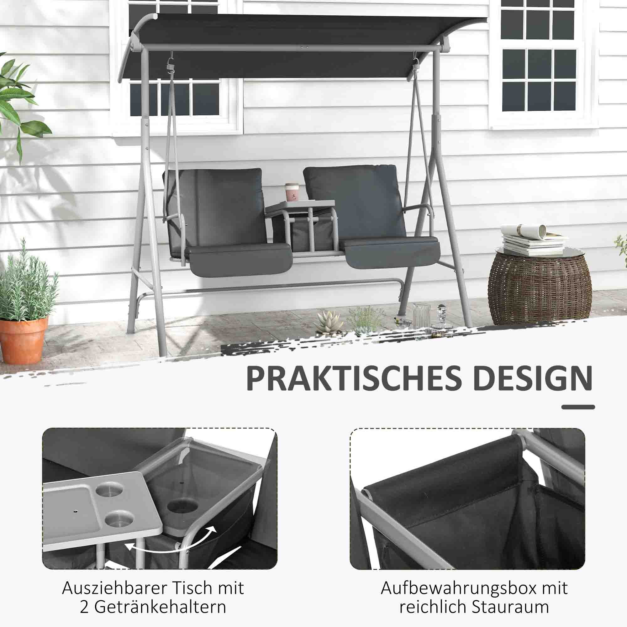 Fauteuil suspendu deux places style Hollywood, avec auvent et table, structure en métal, 175 cm x 110 cm x 165 cm, noir - 7