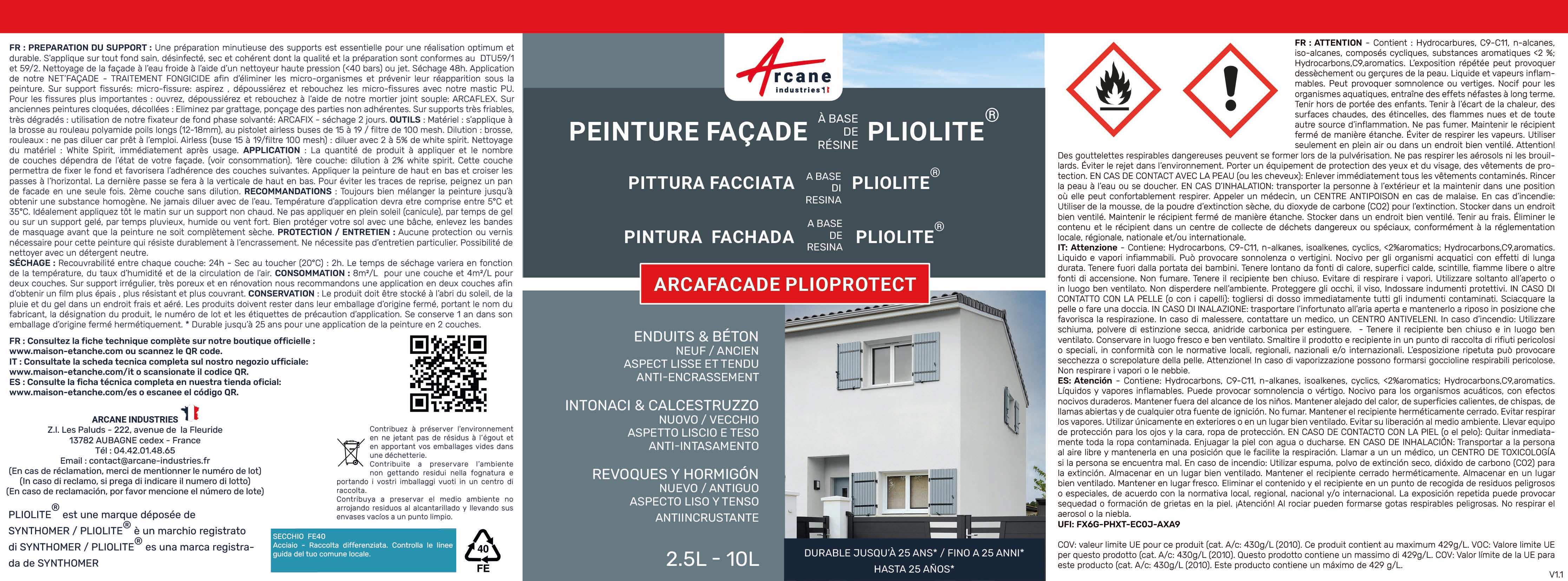 Peinture Façade Solvantée Pliolite - ARCAFACADE PLIOPROTECT - 10 L (+ ou - 80 m² en 1 couche) Ton Sable - RAL 085 90 20 - ARCANE INDUSTRIES - 7