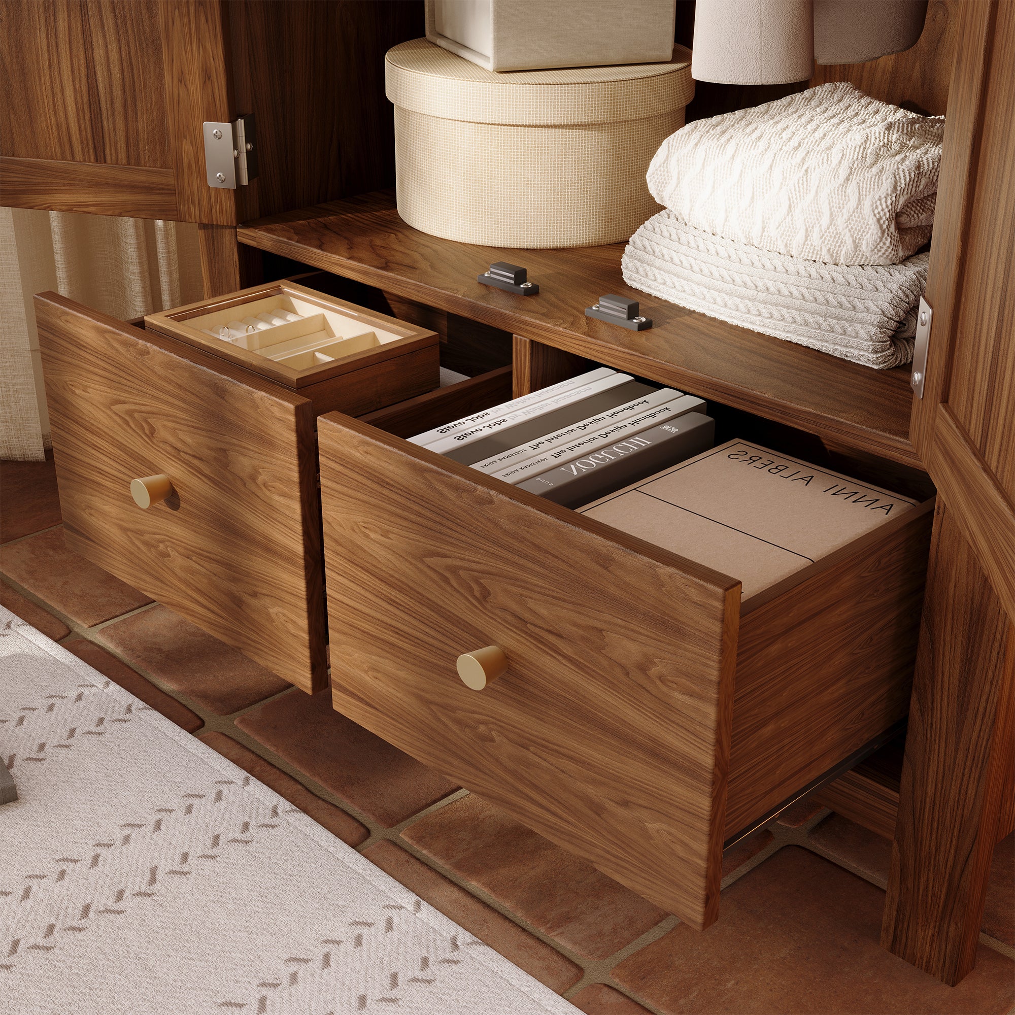 Armoire penderie avec Cannage en Rotin, 2 portes 2 tiroirs, étagère ouverte semi-ronde, fermeture magnétique, tringle vêtements, 181x78x45 cm, noyer - 6