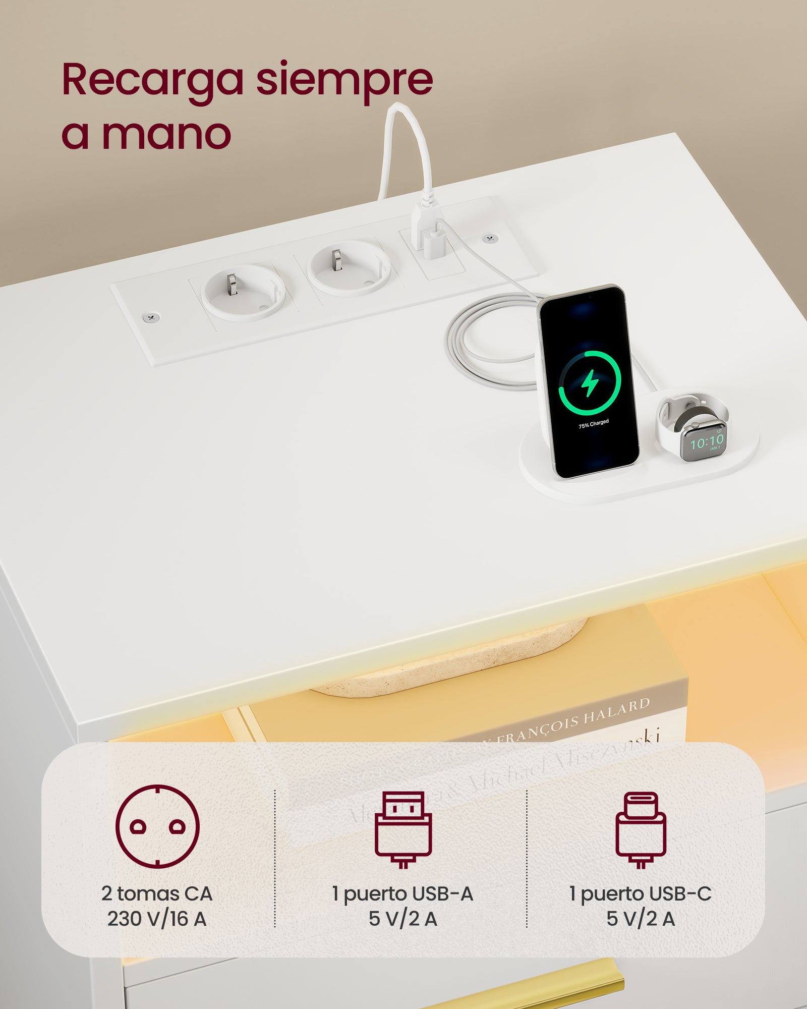 CUSTOS Colección - Mesita de Noche con Estación de Carga, Luz LED, Mesa Auxiliar con Cajones, Estante Abierto, 2 Tomas CA y Puertos USB, Blanco Nube - 6