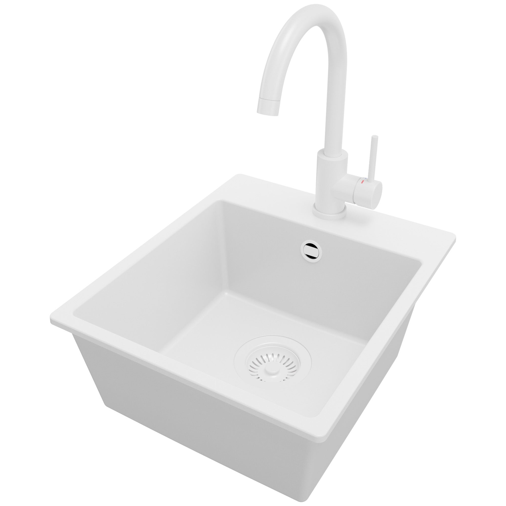 Zlewozmywak Granitowy Cały Biały 38x44cm, Zlew Kuchenny 1 Komorowy + Bateria 32x20cm + Syfon, Nablatowy do szafki od 40cm - Ryga Easy PRIMAGRAN
