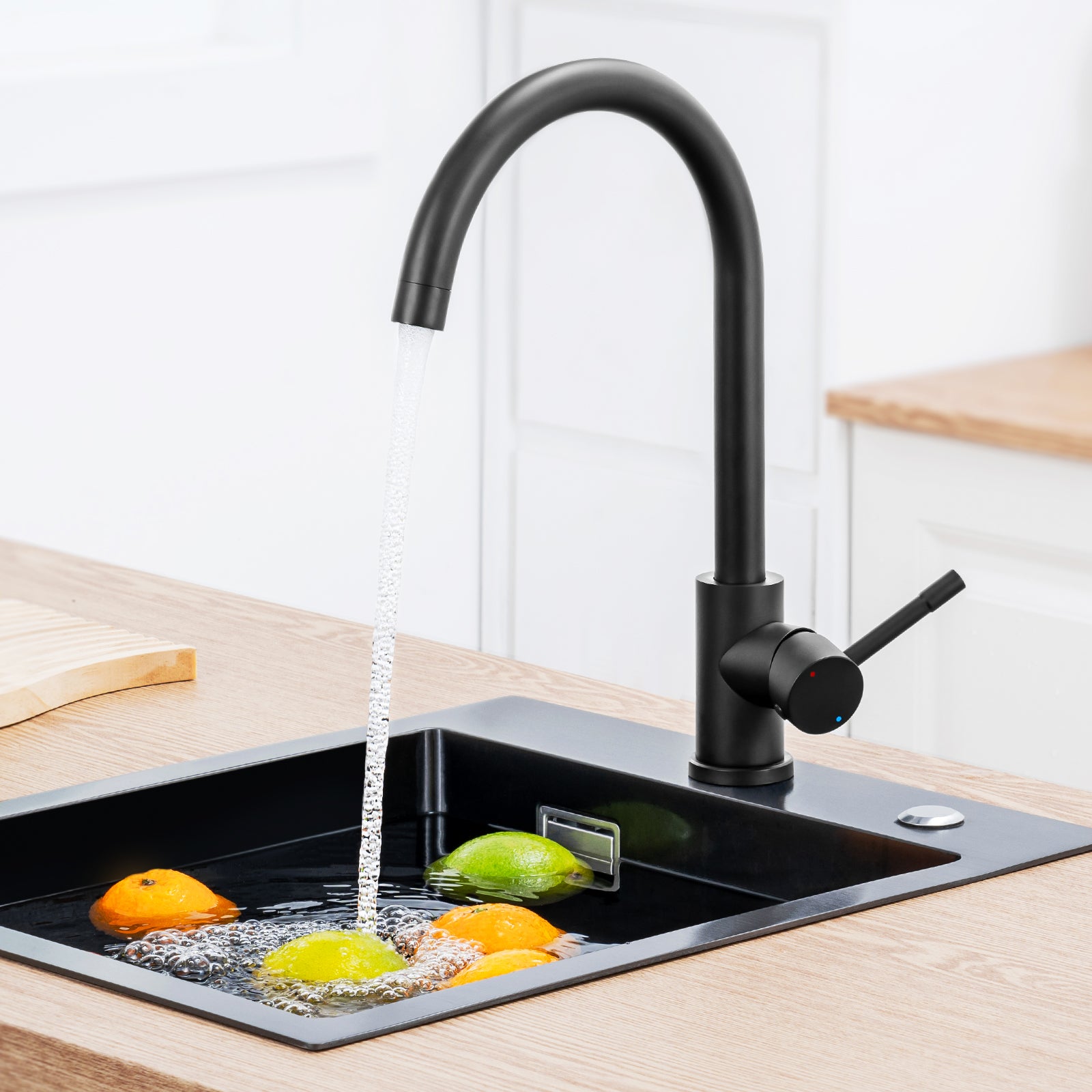 Grifo mezclador de cocina de acero inoxidable, grifo de fregadero de agua fría y caliente, giratorio 360°, con burbujeador desmontable, negro - 3