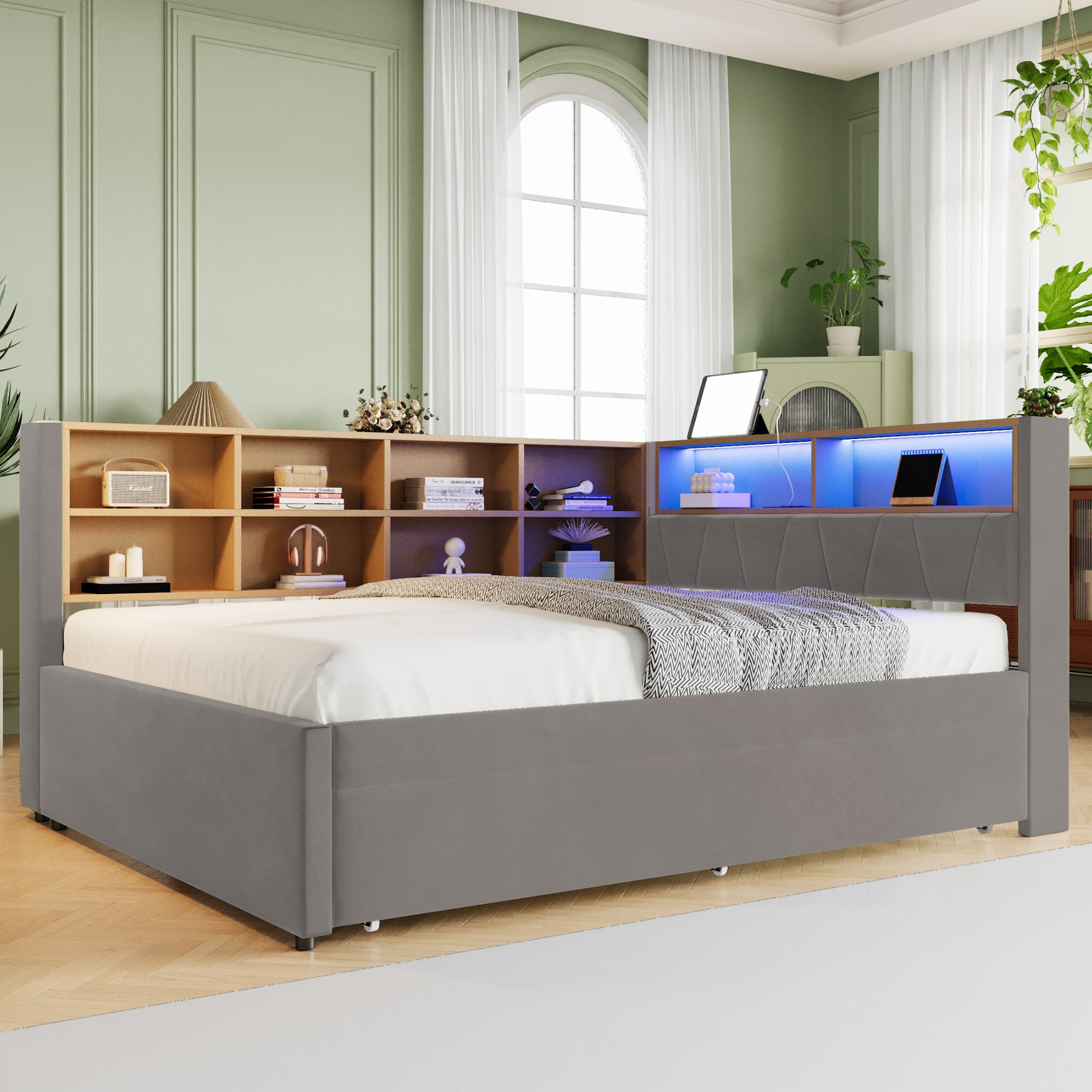 Letto matrimoniale imbottito 140 x 200 cm, letto in metallo con cassetti, con funzione di ricarica USB/tipo C, struttura del letto con rete a doghe in