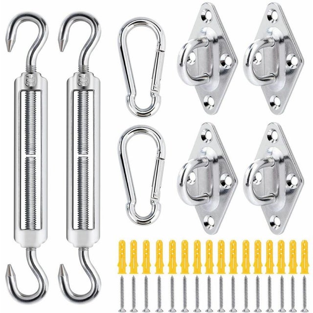 Kit de fijación para toldo de acero inoxidable 304: 4 soportes, 2 mosquetones, 2 tensores.