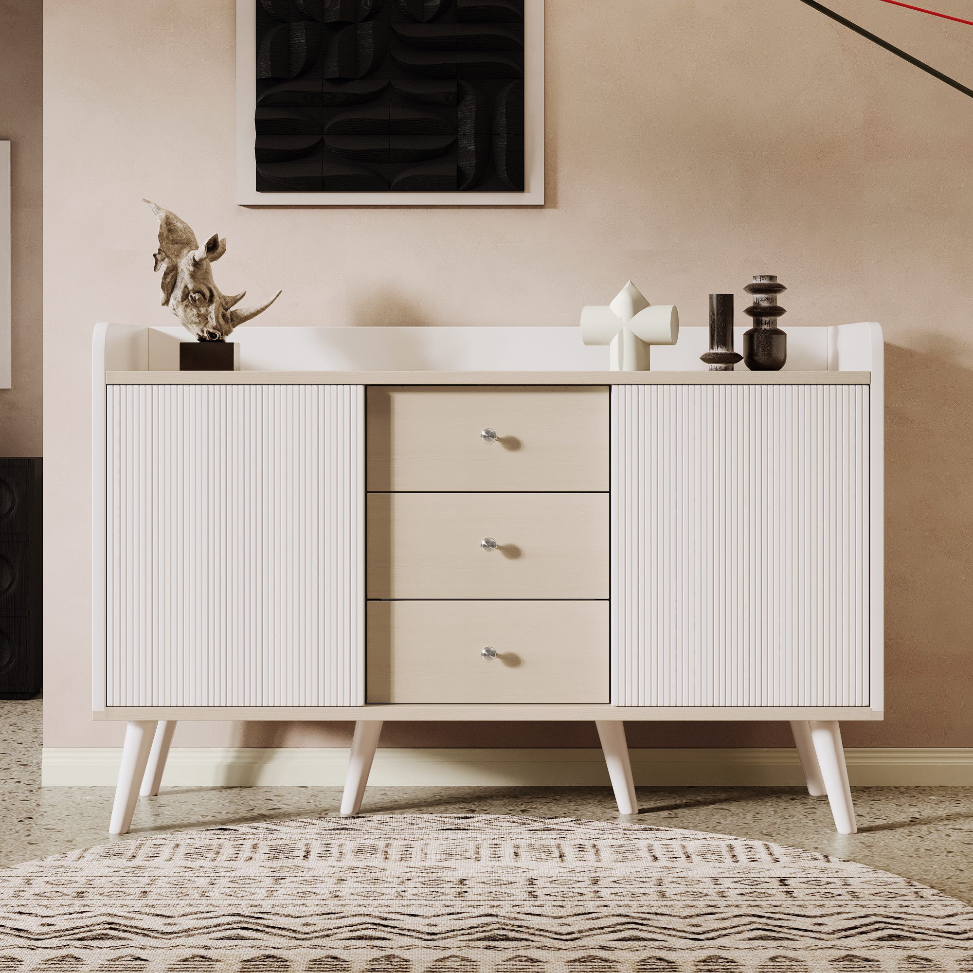 Buffet bas avec 3 tiroirs et 2 portes - style contemporain - Blanc ...