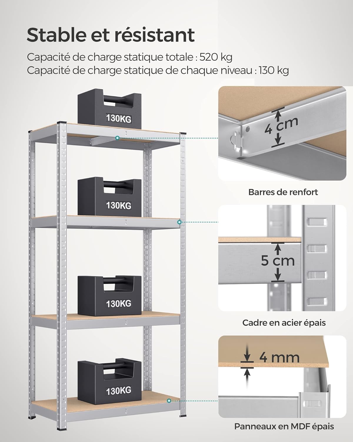 SONGMICS Étagère Charge Lourde à 4 Niveaux, Montage Rapide, Étagère de Garage, pour Boîtes à Outils, Capacité 520 kg, 40 x 80 x 160 cm, Argent - 3