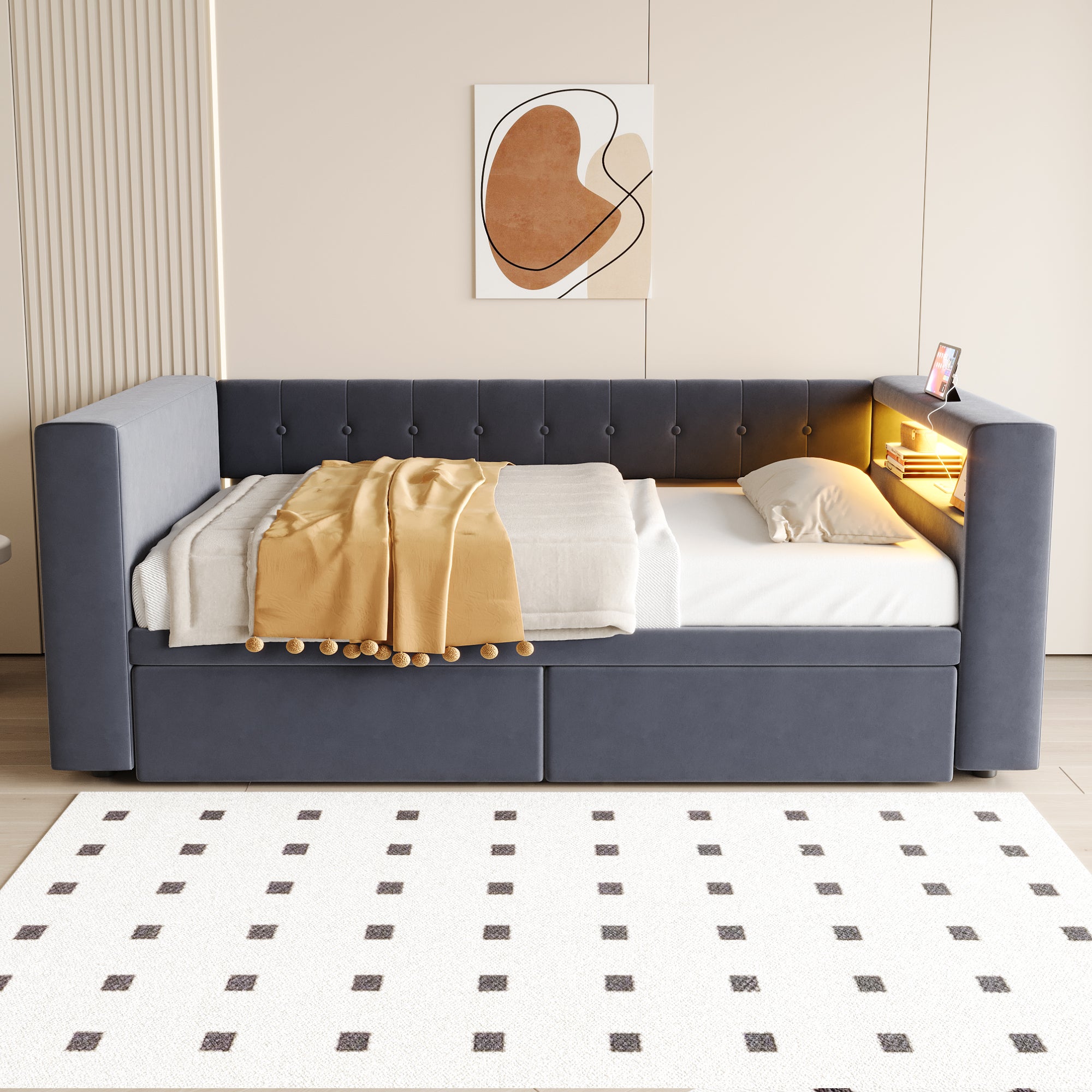 Kanapa rozkładana pikowana 90x190 cm - z oświetleniem LED - z gniazdkiem elektrycznym - z 2 szufladami - ciemnoszary (materac nie jest dołączony)