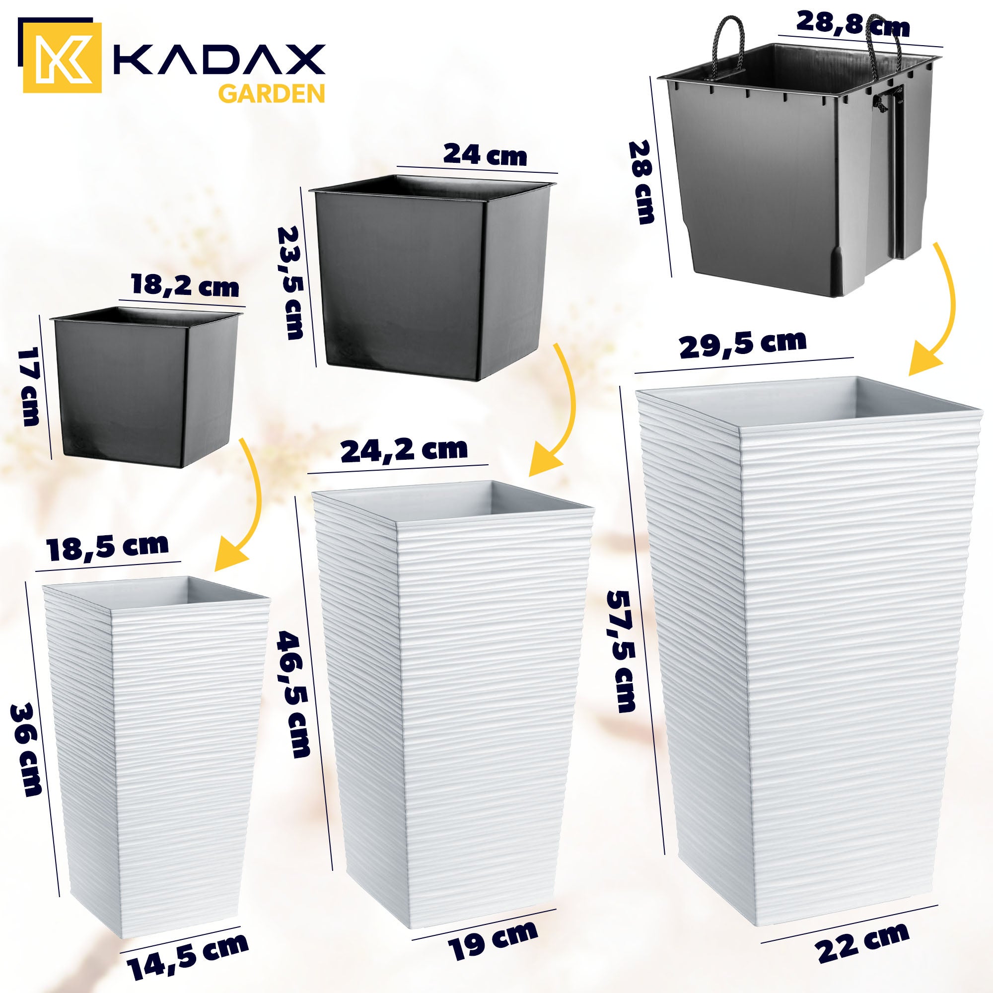 KADAX Vaso da fiori alto, grande fioriera in plastica per decorazione interna ed esterna (Bianco, Set di 3: 36 cm, 46,5 cm, 57,5 ​​cm) - 2