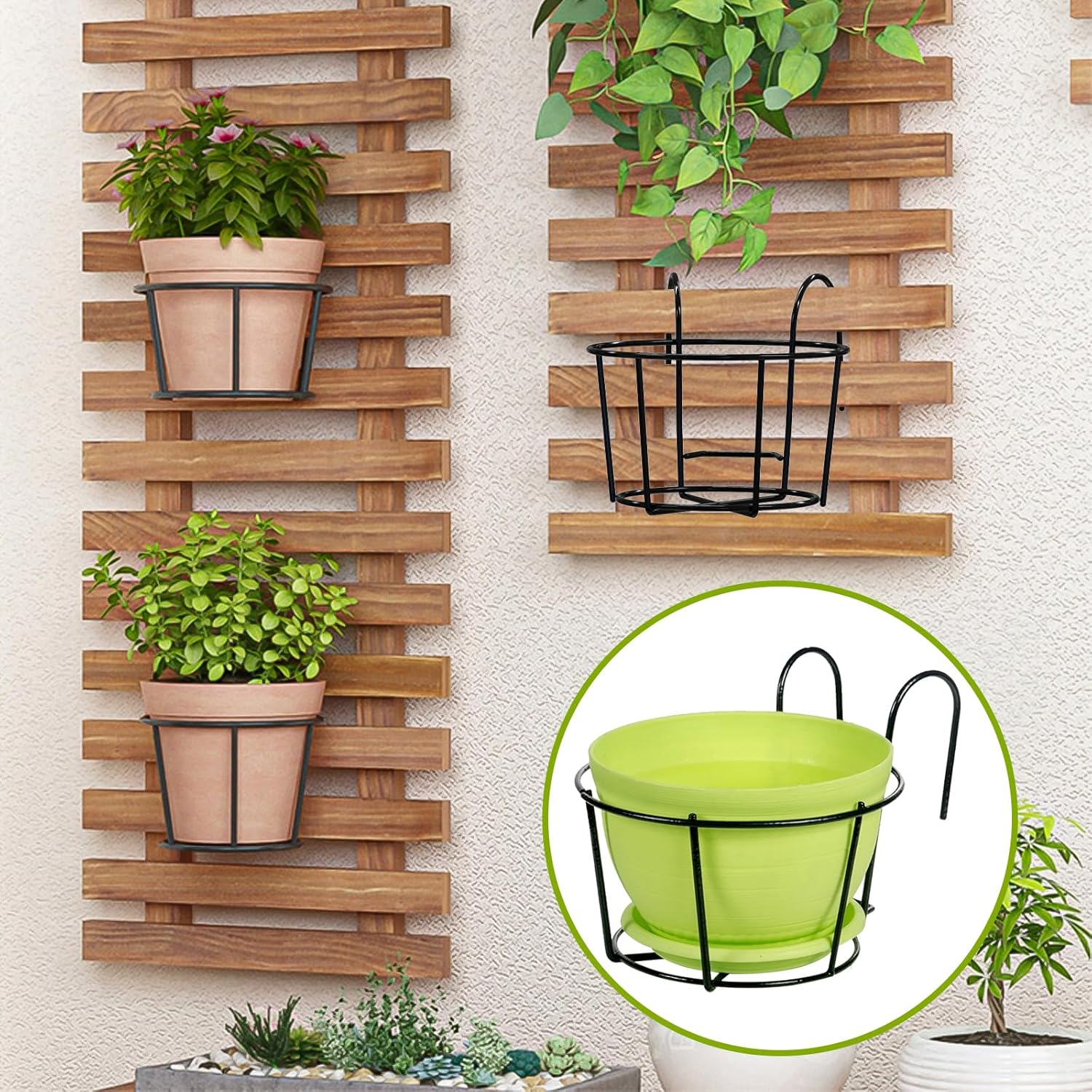 Lot de 4 Pots de Fleurs Ronds à Suspendre en métal pour Balcon et clôture (Noir) - 2
