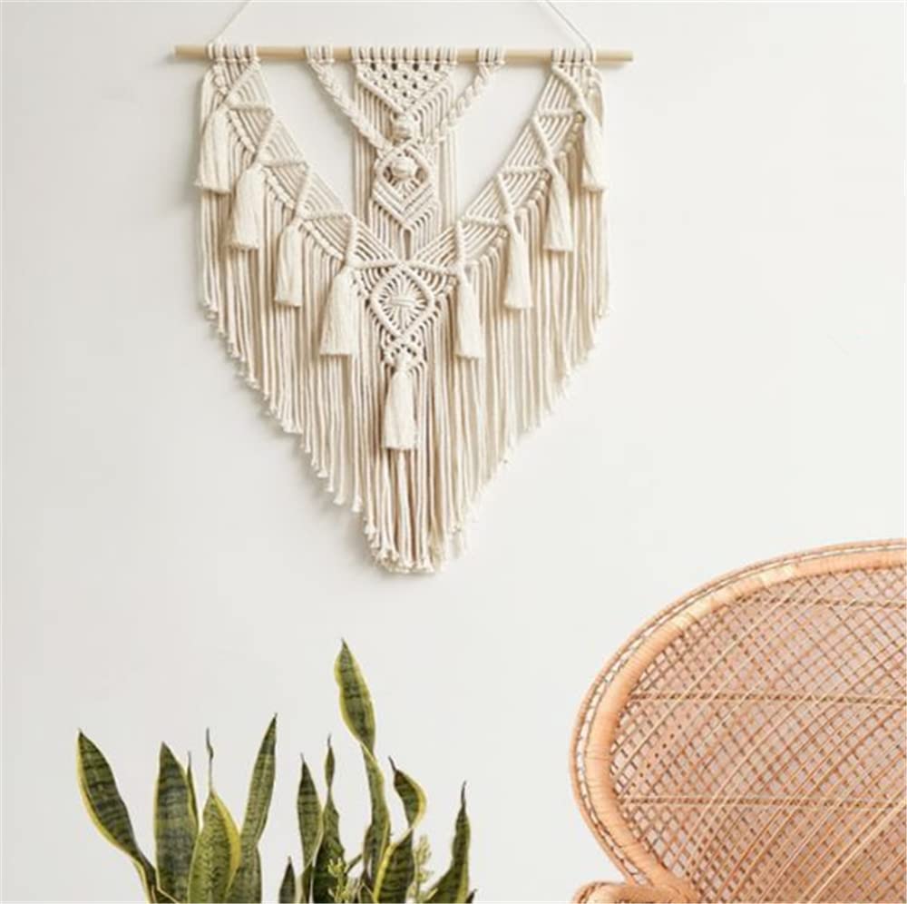 Tapisserie murale en macramé tissé, motif géométrique, faite main, décoration bohème avec pompons, ornement pour chambre, salon, appartement (beige) - 5