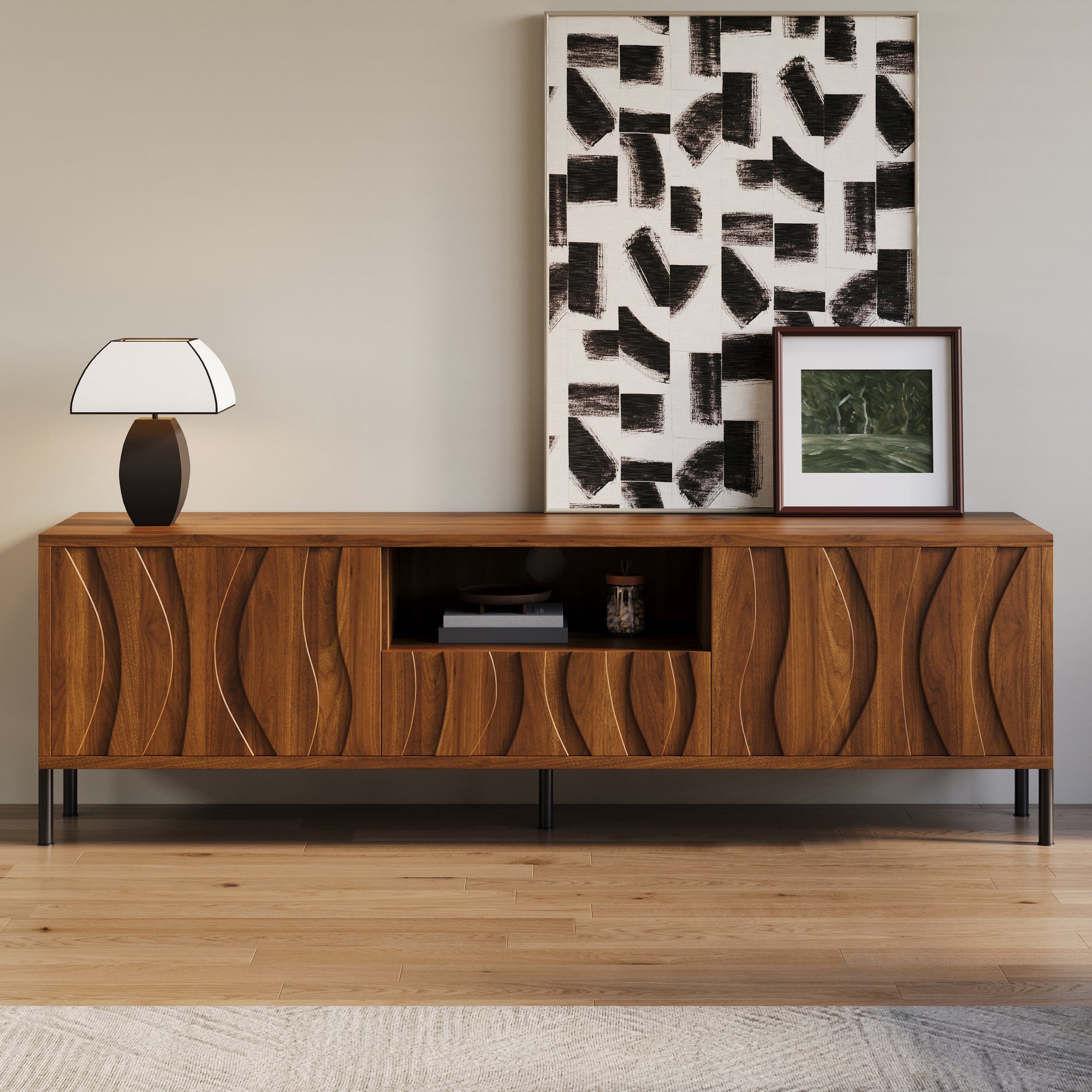 Meble pod TV 160x35x46cm - z 3 frontami - z otwartą przestrzenią do przechowywania - Nogi żelazne - MDF - Kolor naturalny - 3