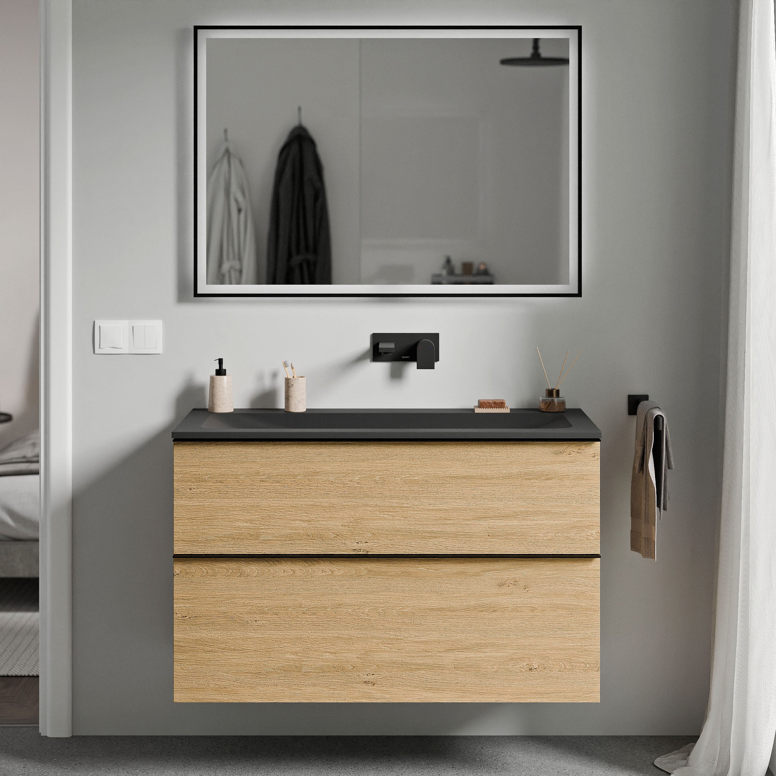 BERNSTEIN - Meuble Vasque Suspendu MDF Chêne Miel, Lavabo Fonte Sans Trou Robinet Poignee Noir Mat 60x46x62cm Lavoa 96915584