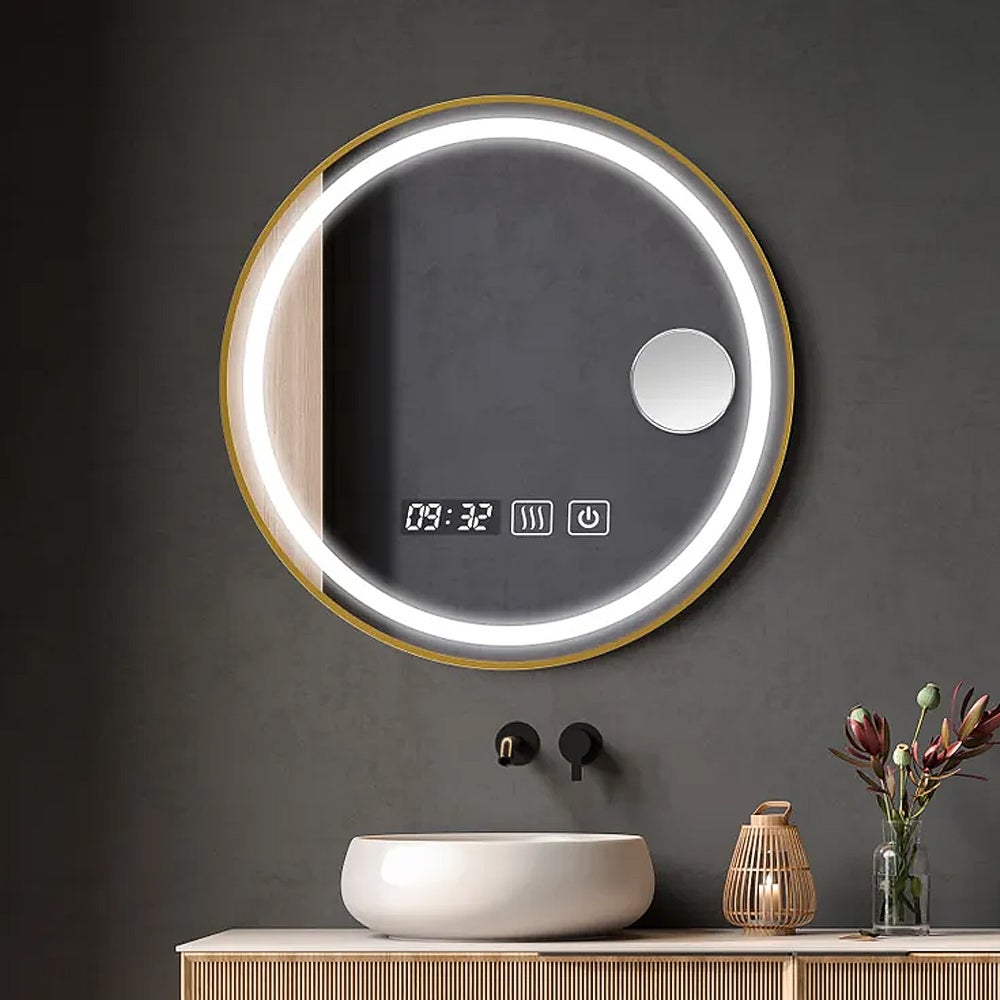 Okrągłe lustro łazienkowe LED z włącznikiem dotykowym, funkcją przeciwmgielną, 60 cm x 60 cm, trzema temperaturami barw, wyświetlaczem czasu i