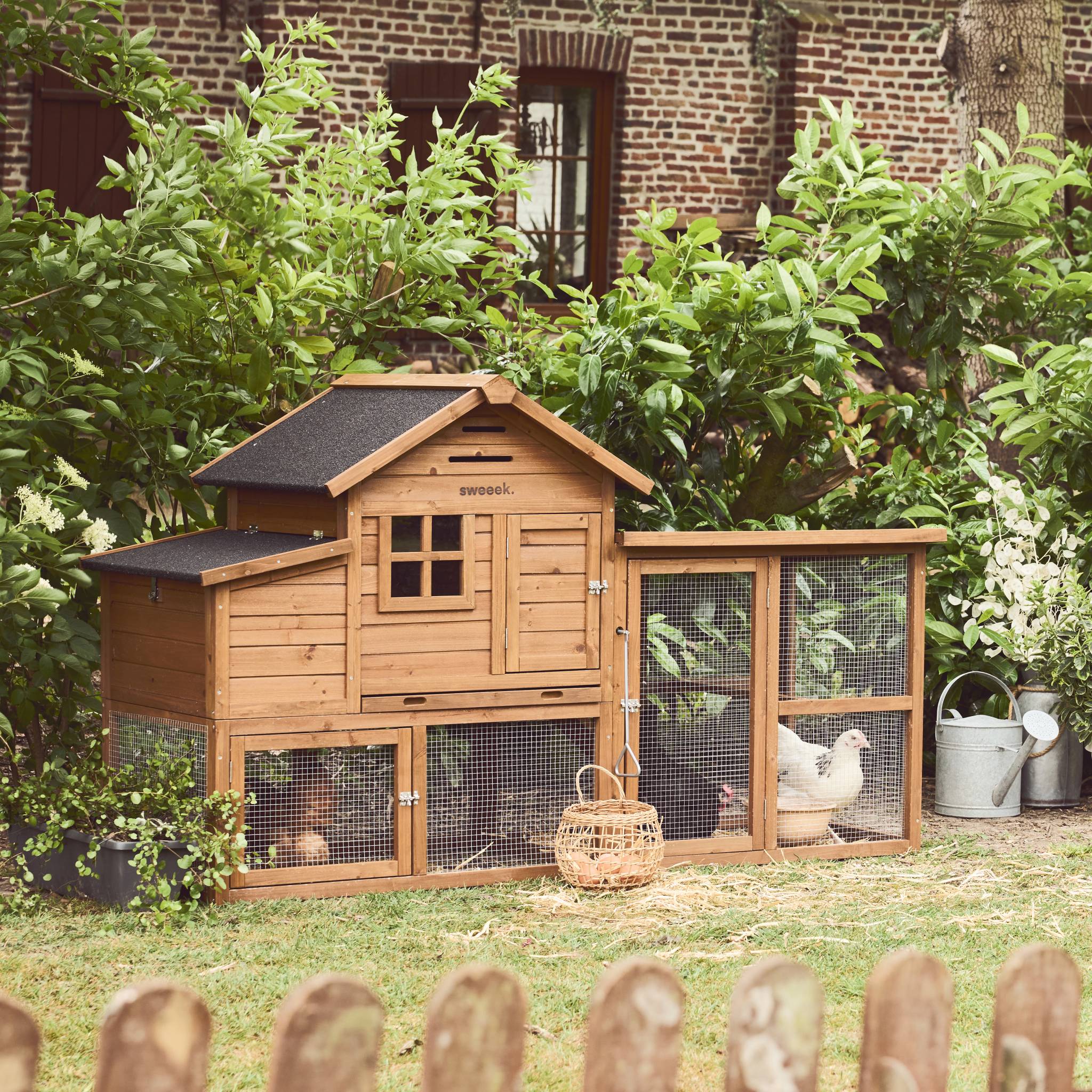Pollaio in legno con recinto per 4 galline, Marrone naturale - 7