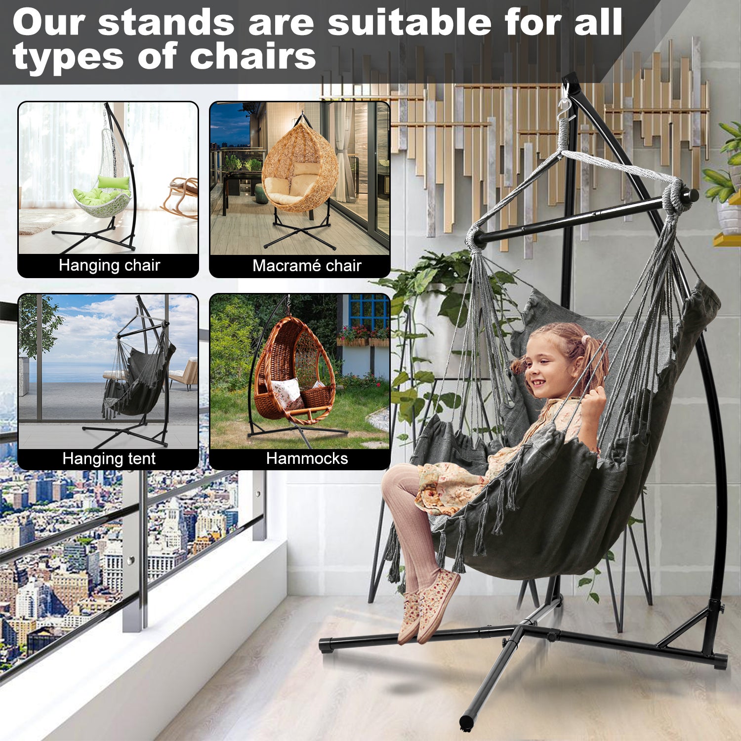 Cadre de fauteuil suspendu, Cadre balançoire hamac chaise suspendu soutien support fauteuil en métal 215 cm, Charge maximale 150 kg - 2