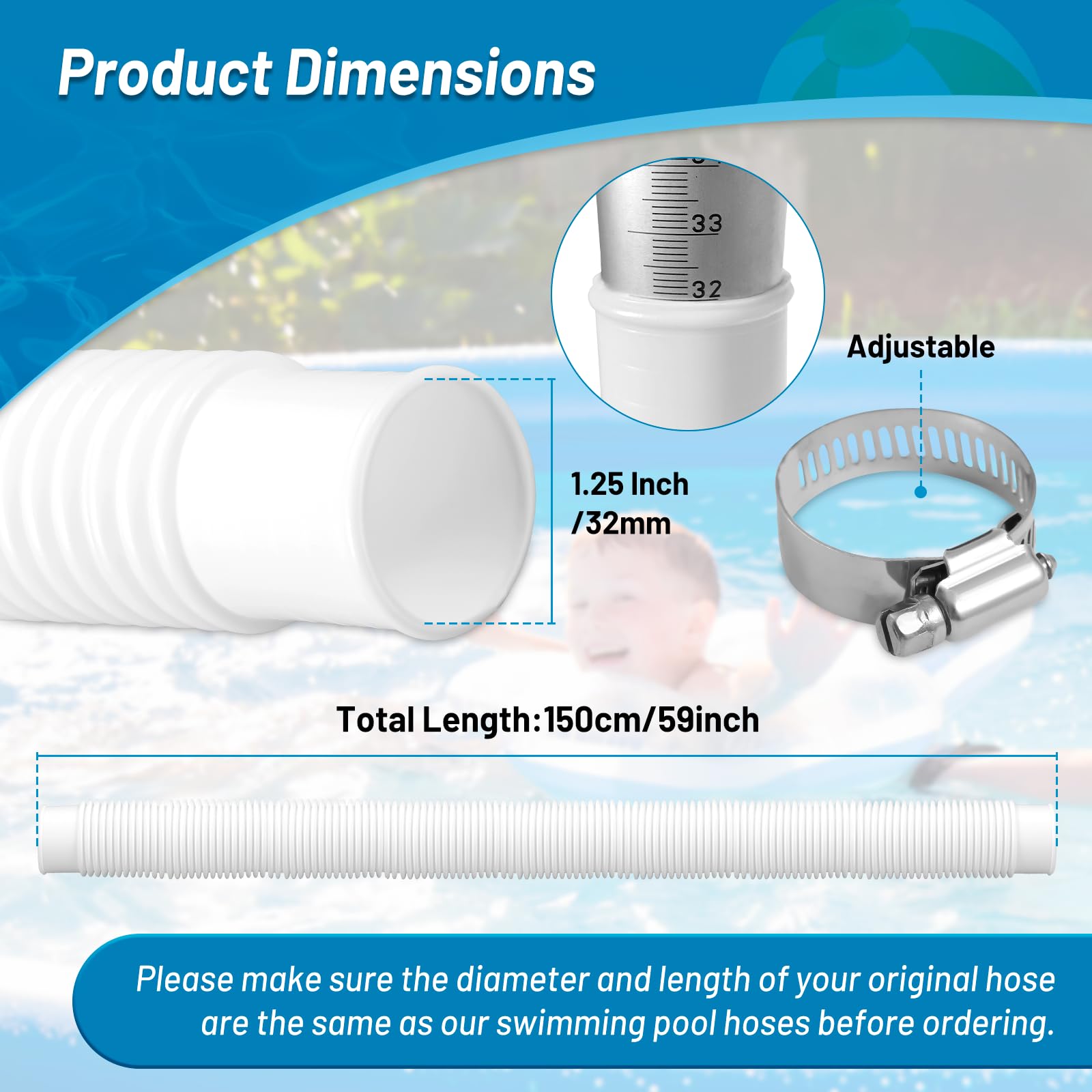 Lot De 2 Tuyaux D'aspiration Universels Pour Pompe De Piscine - 32 Mm - 150 Cm - Avec 4 Clips De Sécurité - Tuyau De Rechange Pour Pompe à Filtre Et Piscine