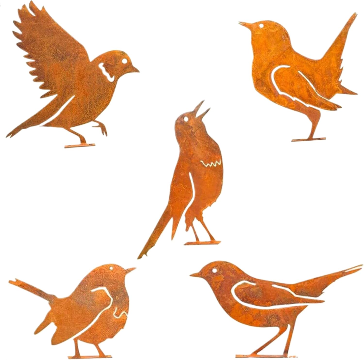 Metalowe sylwetki ptaków – zestaw 5 sztuk – rdzawa dekoracja do ogrodu, na patio i do parku