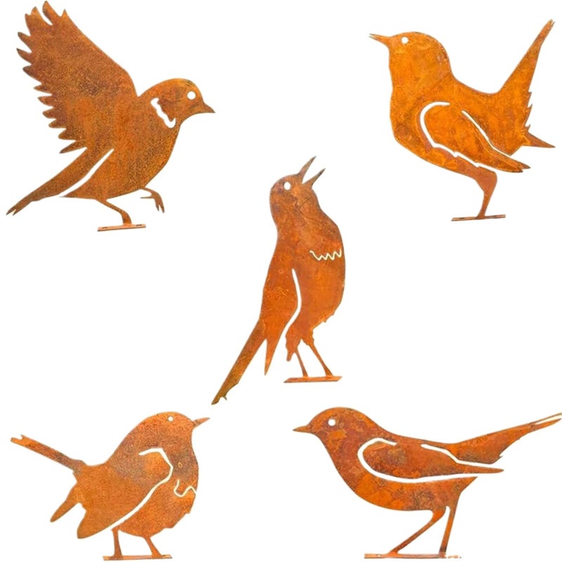 Metalowe sylwetki ptaków – zestaw 5 sztuk – rdzawa dekoracja do ogrodu, na patio i do parku