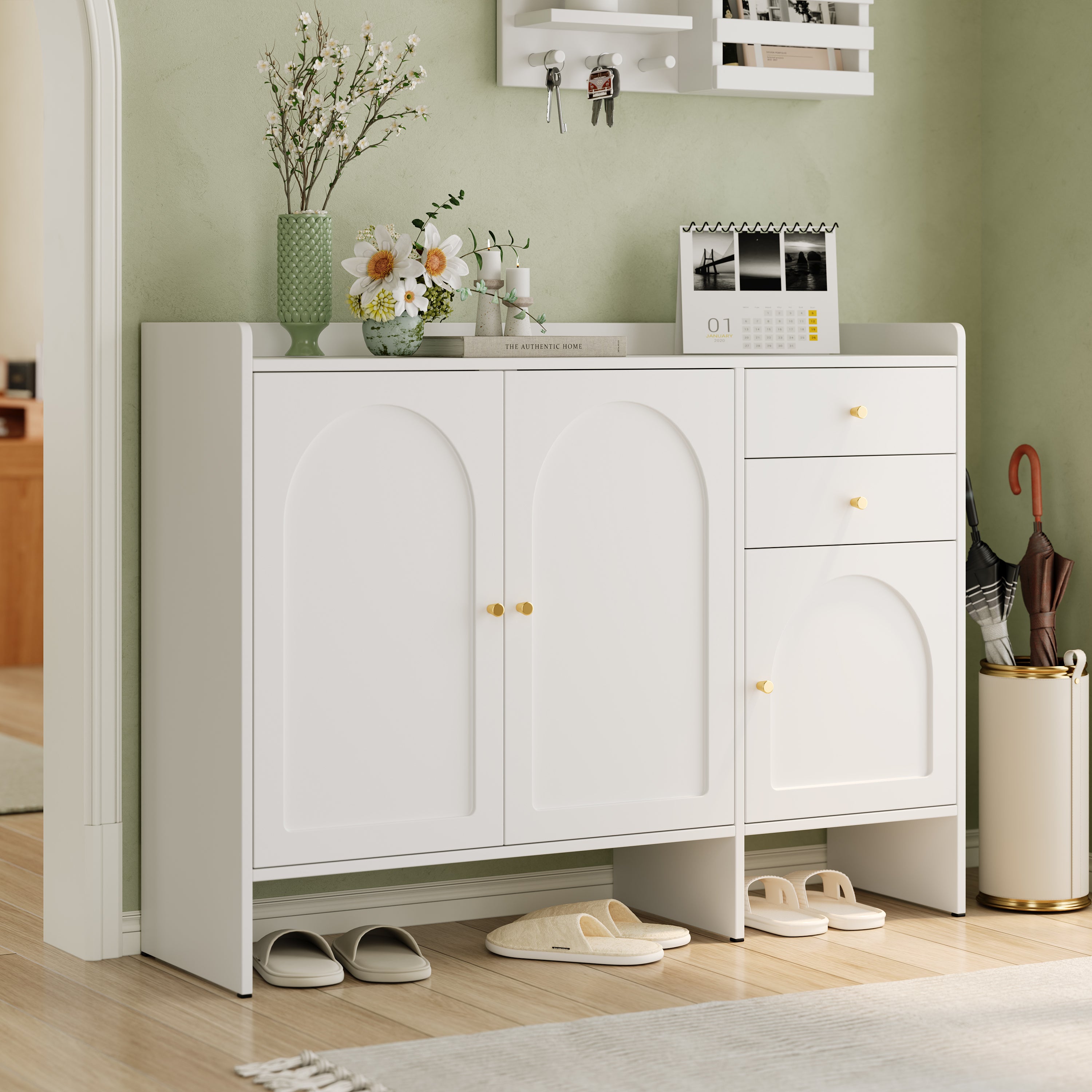 Szafka na buty z 3 drzwiami i 2 szufladami - 120 x 35 x 90 cm - Płyta wiórowa + MDF - Kolor biały