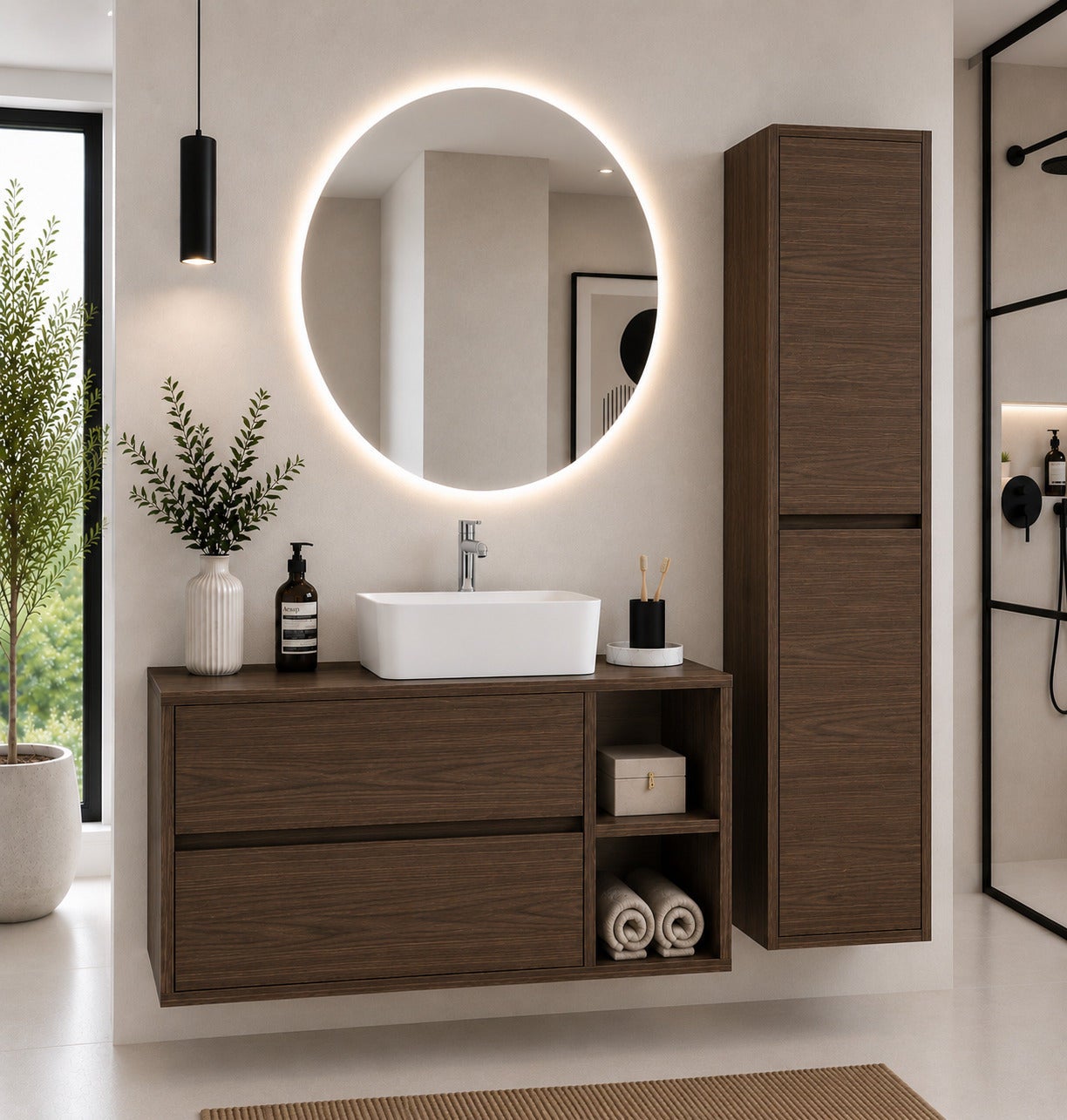 Mobilier de baie con encimera de madera y lavabo sobreencimera ORIGENBATH ZEUS fără oglindă 120x45 cm Dreapta Fresno tea cu coloană