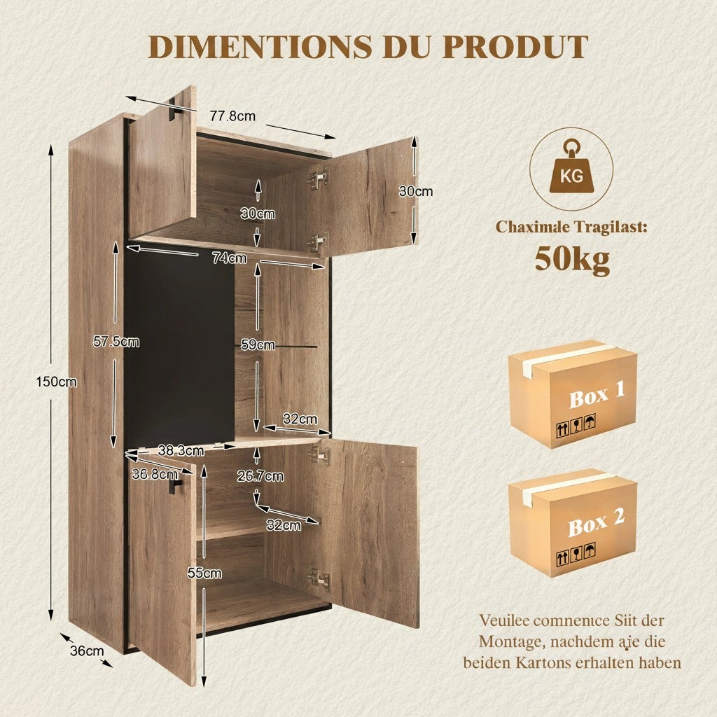 Armoire de Rangement 150cm Effet Bois & Noir - Buffet Haut avec Porte Coulissante & Placard - Style Industriel Bureau Salon - 9