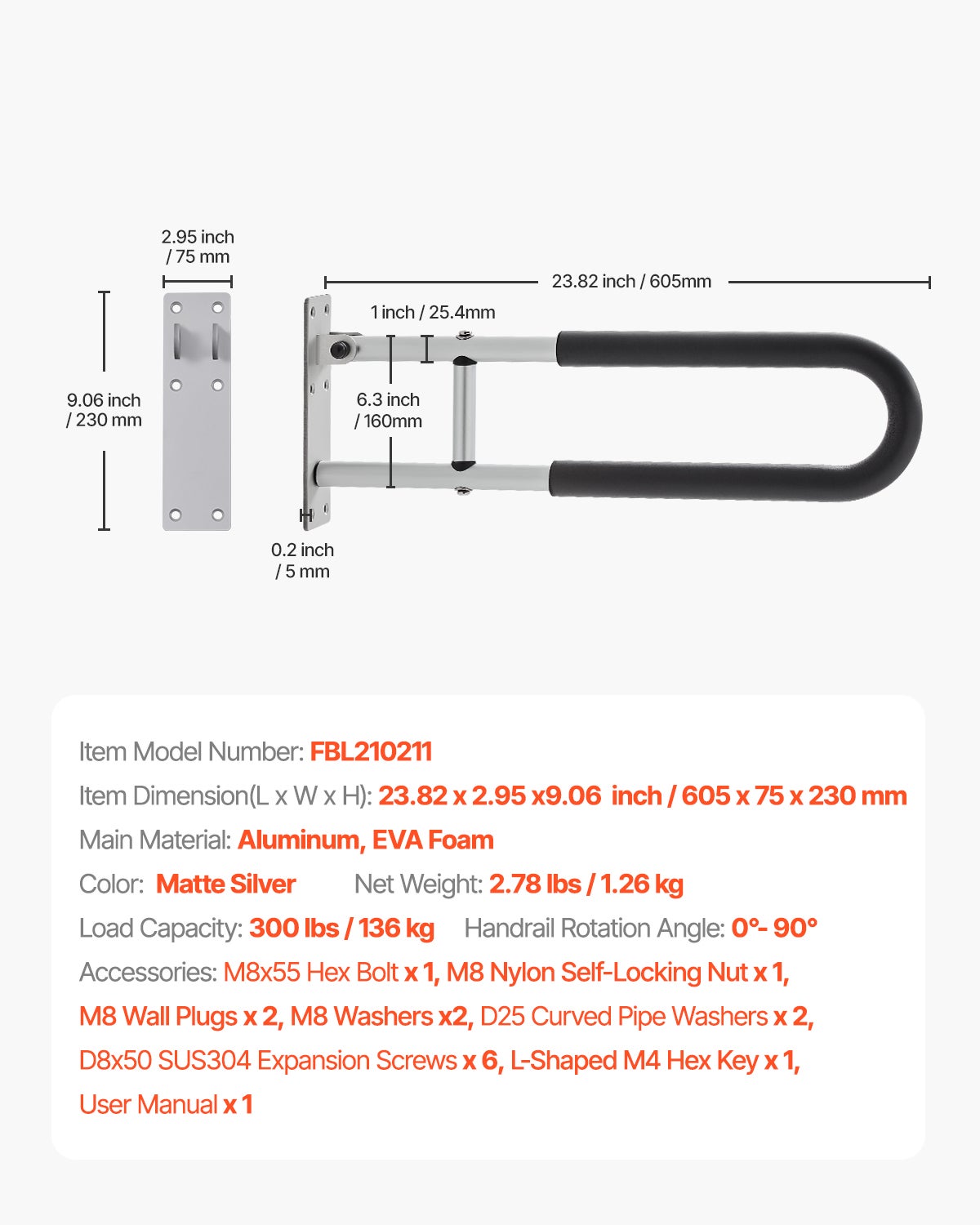 Barra di Supporto WC 605 mm,VEVOR Barra Pieghevole a U,Manico Antiscivolo,Capacità di Carico 136 kg,per Disabili,Anziani,Donne Incinte - 7